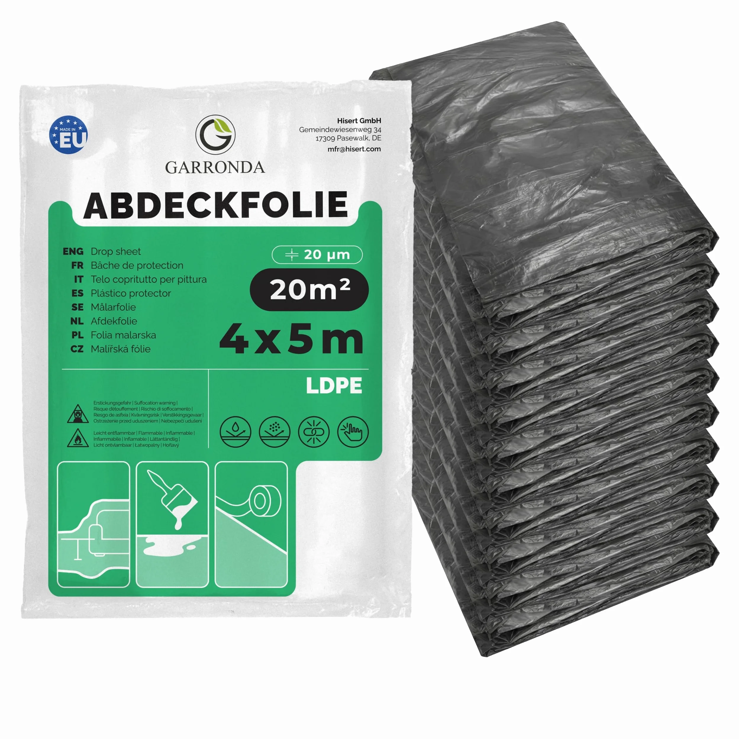 Garronda Lámina de Cobertura Film Protector 20 µ 4x5 m 10 uds GD-0222 | Plástico de protección LDPE gris, lona cubretodo resistente sin cinta adhesiva para muebles y suelo, pintura y reformas