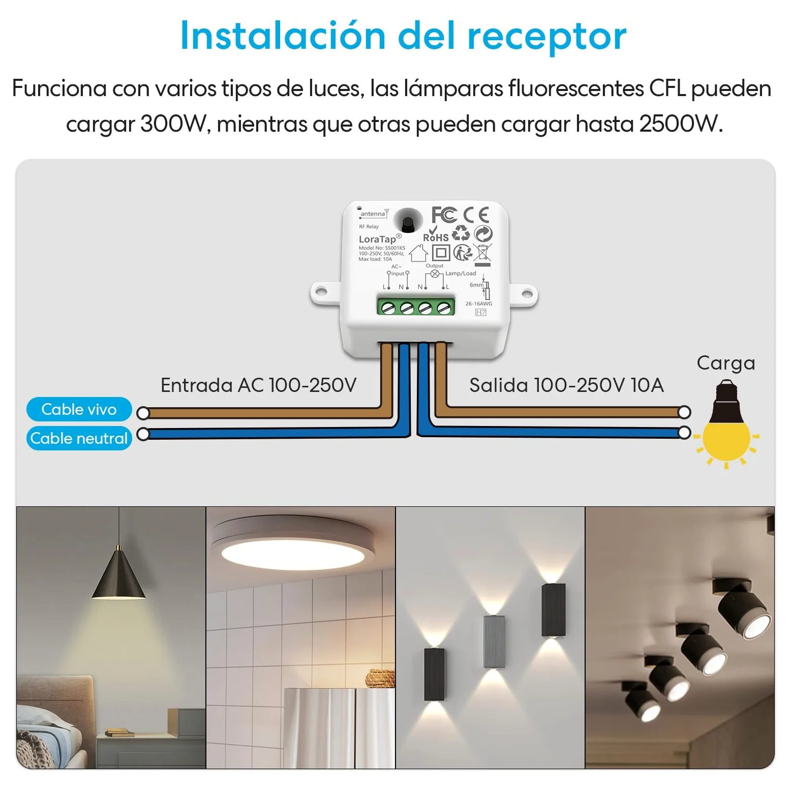 Kit de Interruptor Inalámbrico LoraTap para Luces y Electrodomésticos - Receptor de Alta Potencia 2500W 10A, Alcance Largo hasta 200m, Incluye 2 Mandos a Distancia + 1 Relé
