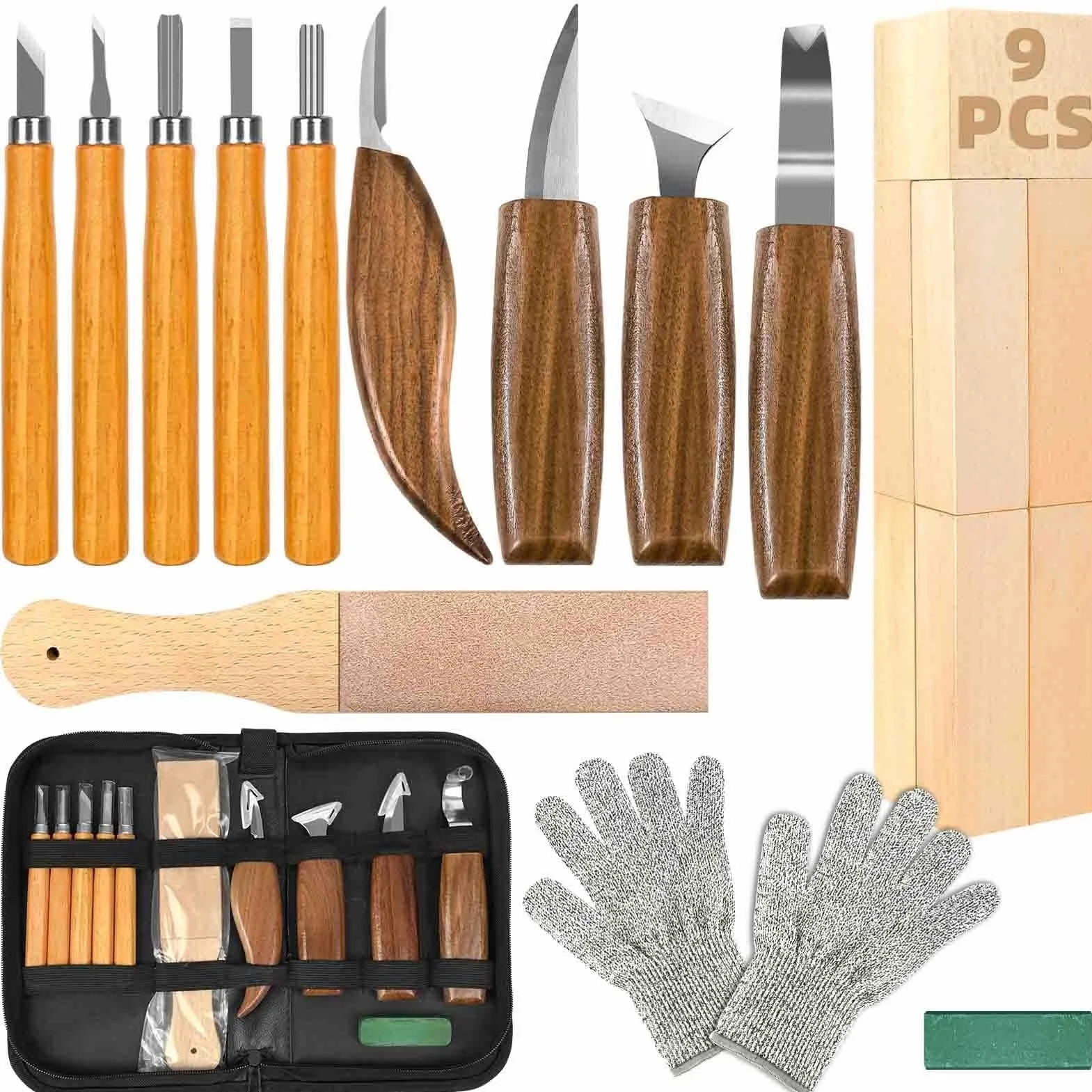 K KERNOWO - Juego de herramientas de carpintería 23 piezas, kit de tallado de madera para amantes del bricolaje principiantes, incluye bloques de madera de tilo, bolsa de almacenamiento de PU