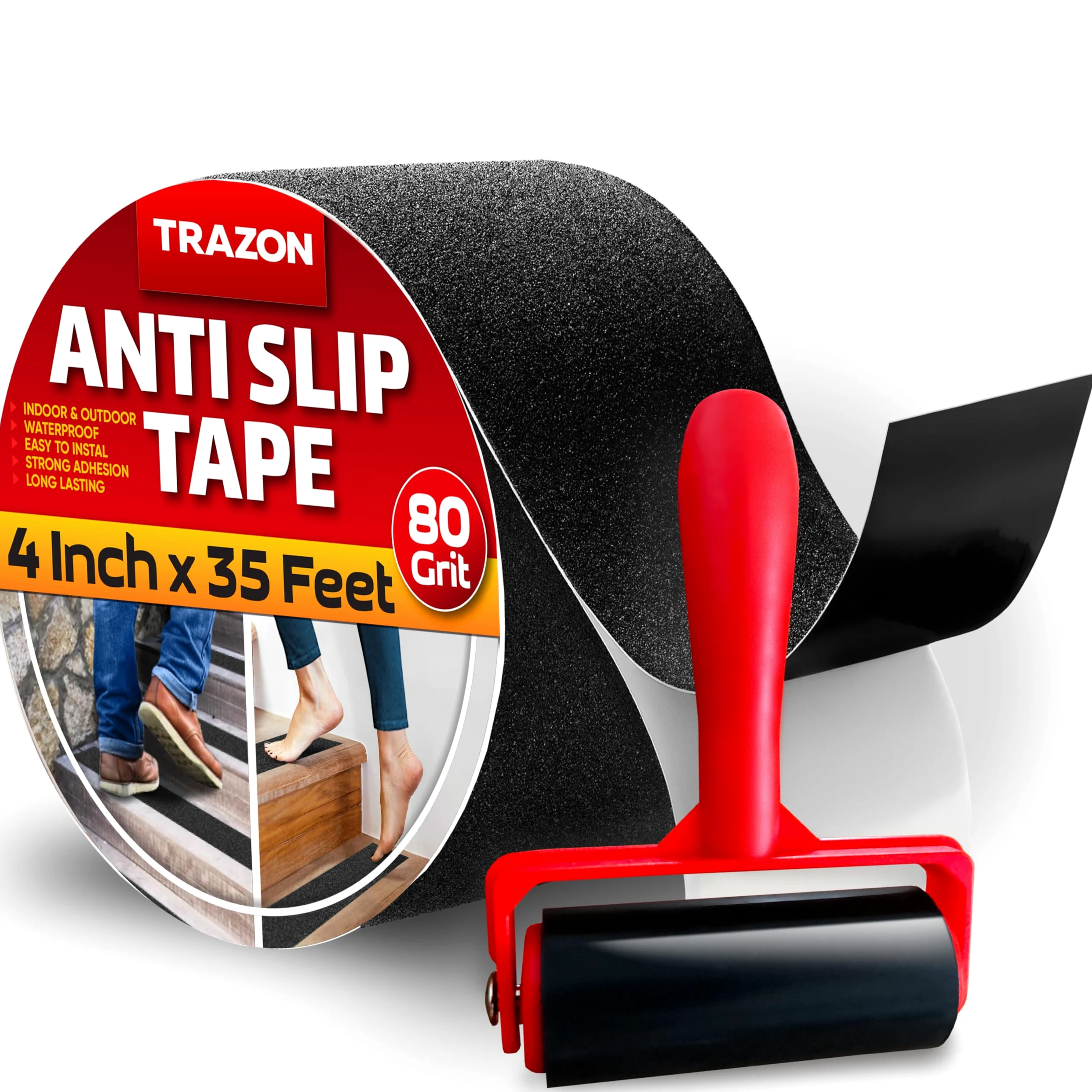 Cinta de agarre – Cinta antideslizante resistente para escaleras al aire libre e interior, impermeable, rollo antideslizante para escalones, tracción y agarre de escalera (negro, 4 pulgadas x 35 pies)