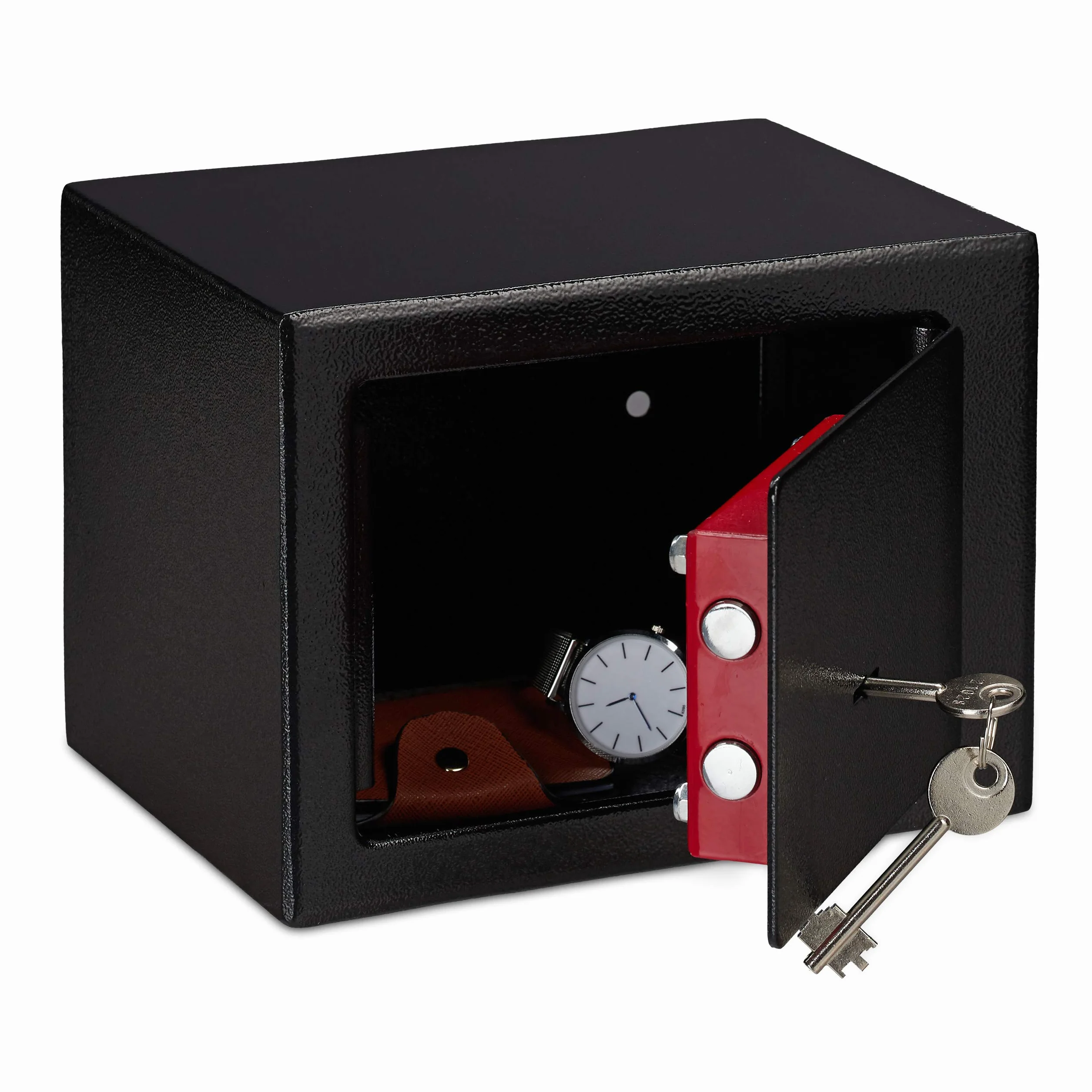 Relaxdays Caja Fuerte Pequeña Mini Safe con Llaves, Acero, 17 x 23 x 17 cm, Negro