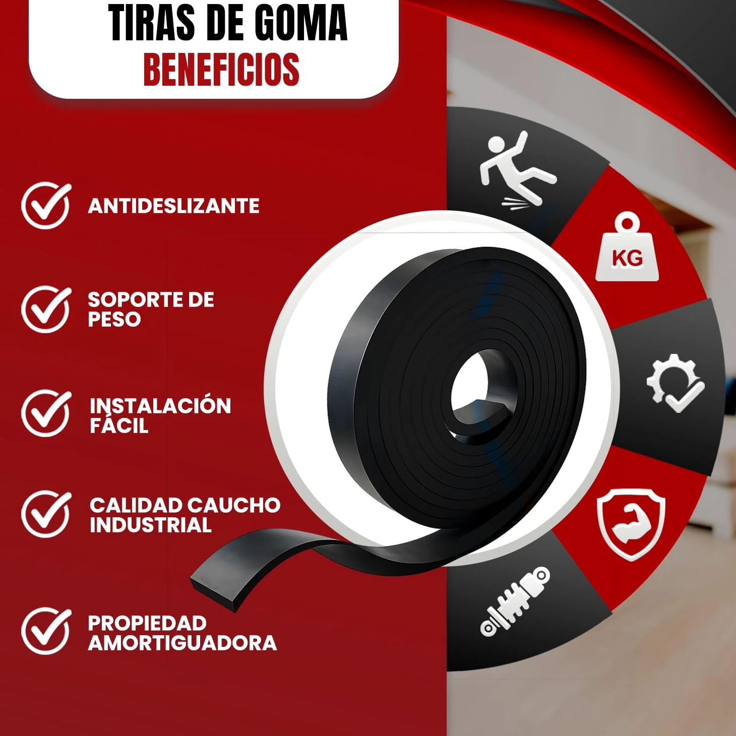 Tiras de Goma SBR en Rollo Antideslizante, Resistentes a Aceites y Alta Durabilidad para Taller, Gimnasio, Aislamiento y Uso Industrial; 25, 50 Y 100 mm Ancho, 1, 3 y 6 m Largo, 3 y 5 mm Espesor