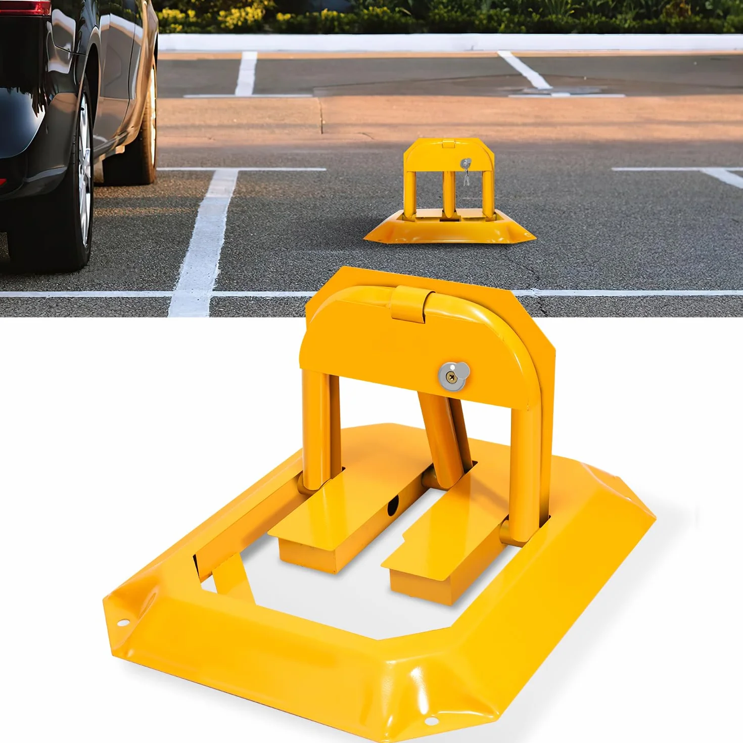 Sonnewelt 1 barrera de aparcamiento con 3 llaves, plegable, cerradura universal de aparcamiento, postes de barrera para garaje y entrada (amarillo)