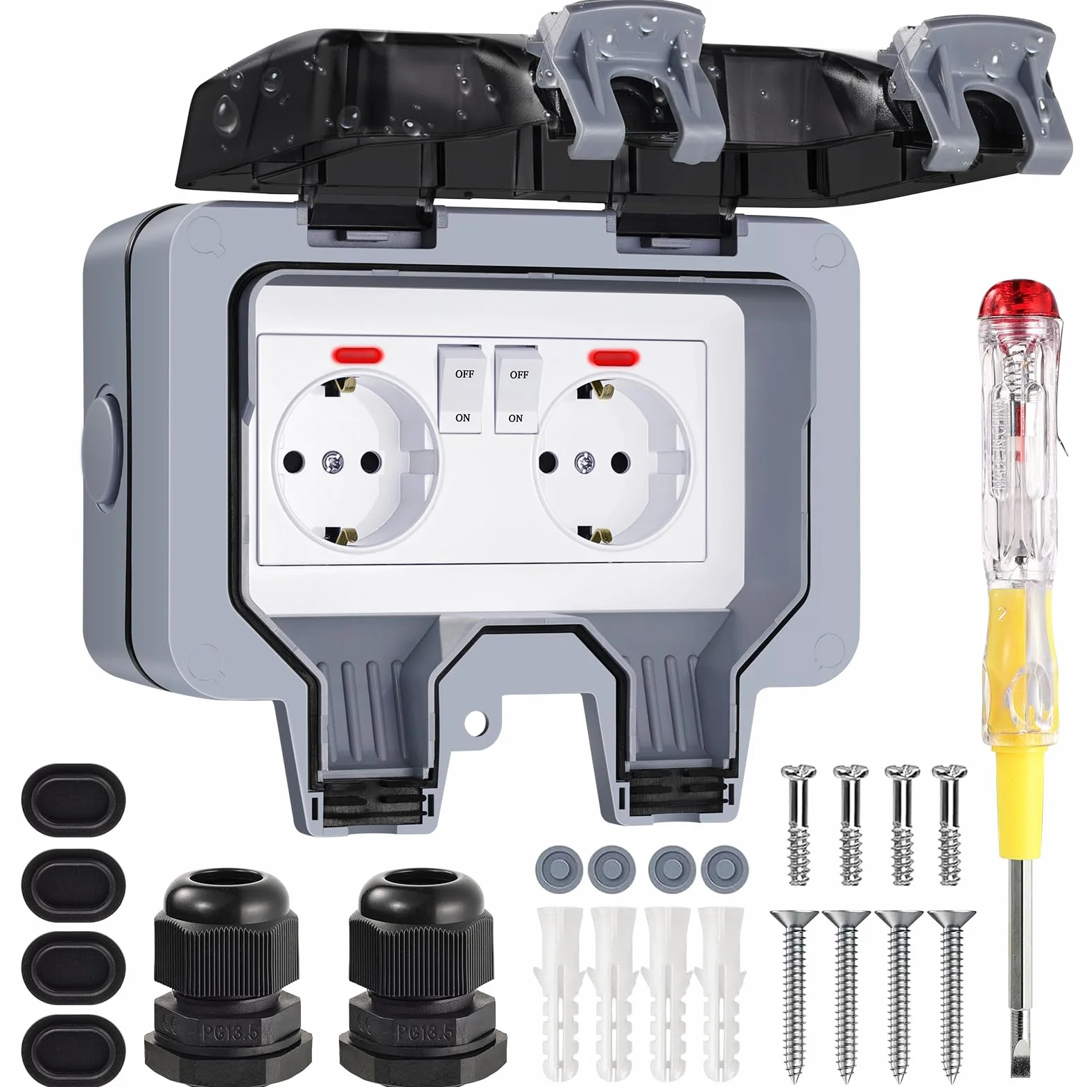Enchufe Estanco Exterior Impermeable, Toma de Corriente IP66, Doble Pared Enchufes con Interruptor, Conector de Cable y Tapa Abatible, para Cocina Baño Garaje Piscina y Jardín