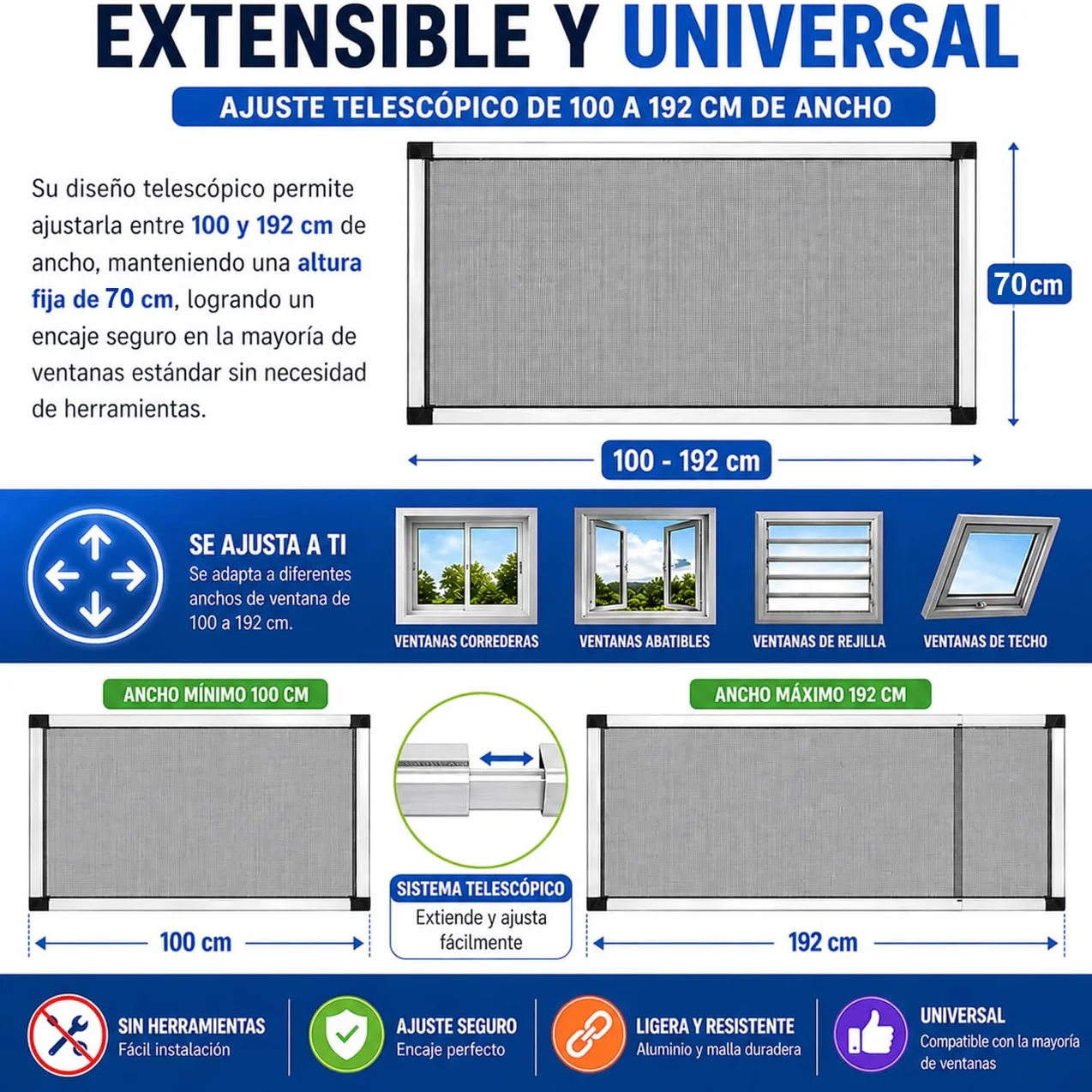 TIENDA EURASIA – Mosquitera Extensible para Ventanas | Bordes de Sellado Felpudos | Marco de Aluminio | Mosquitera Extensible | Color Blanco | Malla de Fibra de Vidrio 70 x (100-192 cm)
