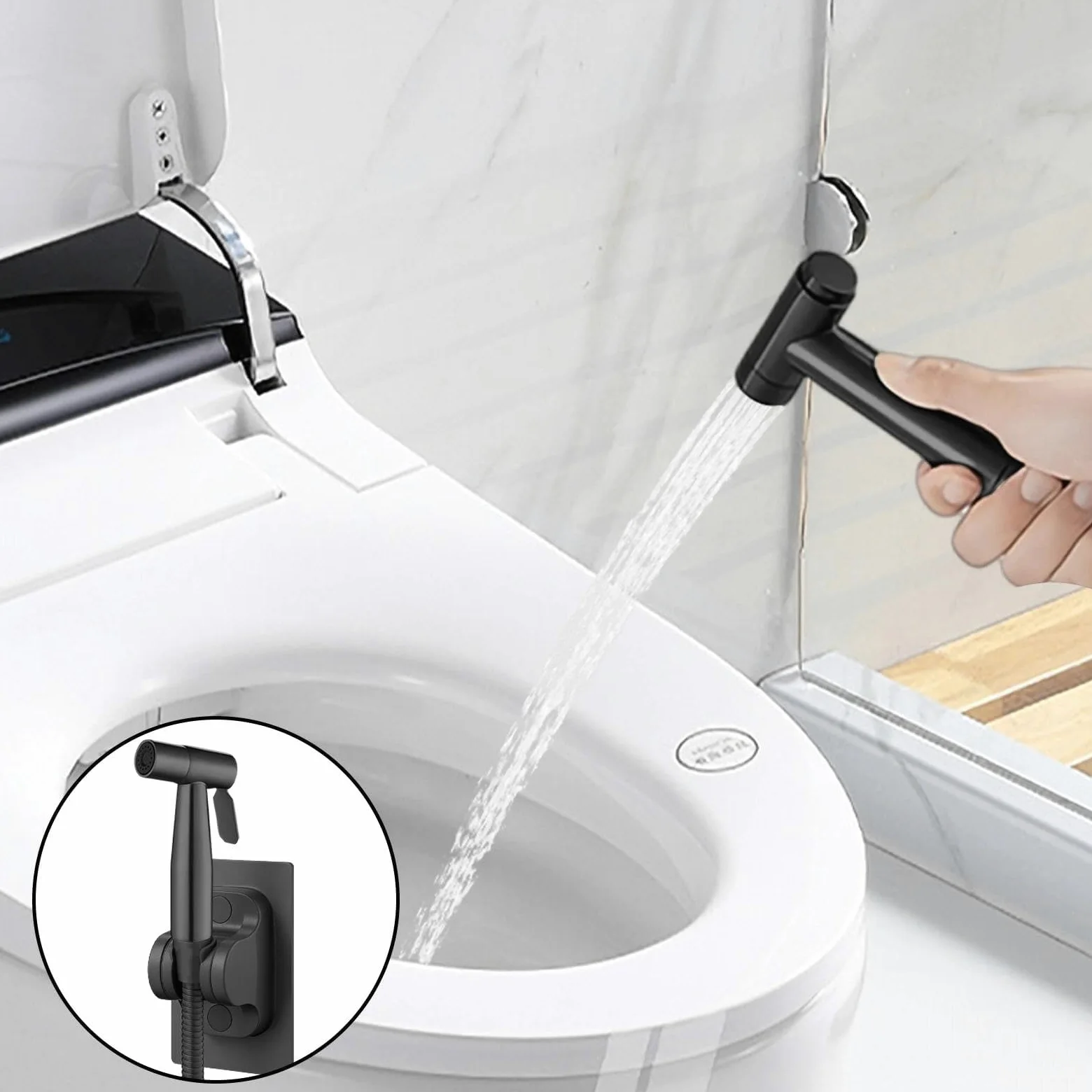 DEANKEJI 1,5 Metros Acero Inoxidable Grifo para WC-Conjunto, Negro Duchas Higienicas para WC con Manguera, Pulverizador de Bidé, Ducha Inodoro, para Baño, Cocina, Hotel
