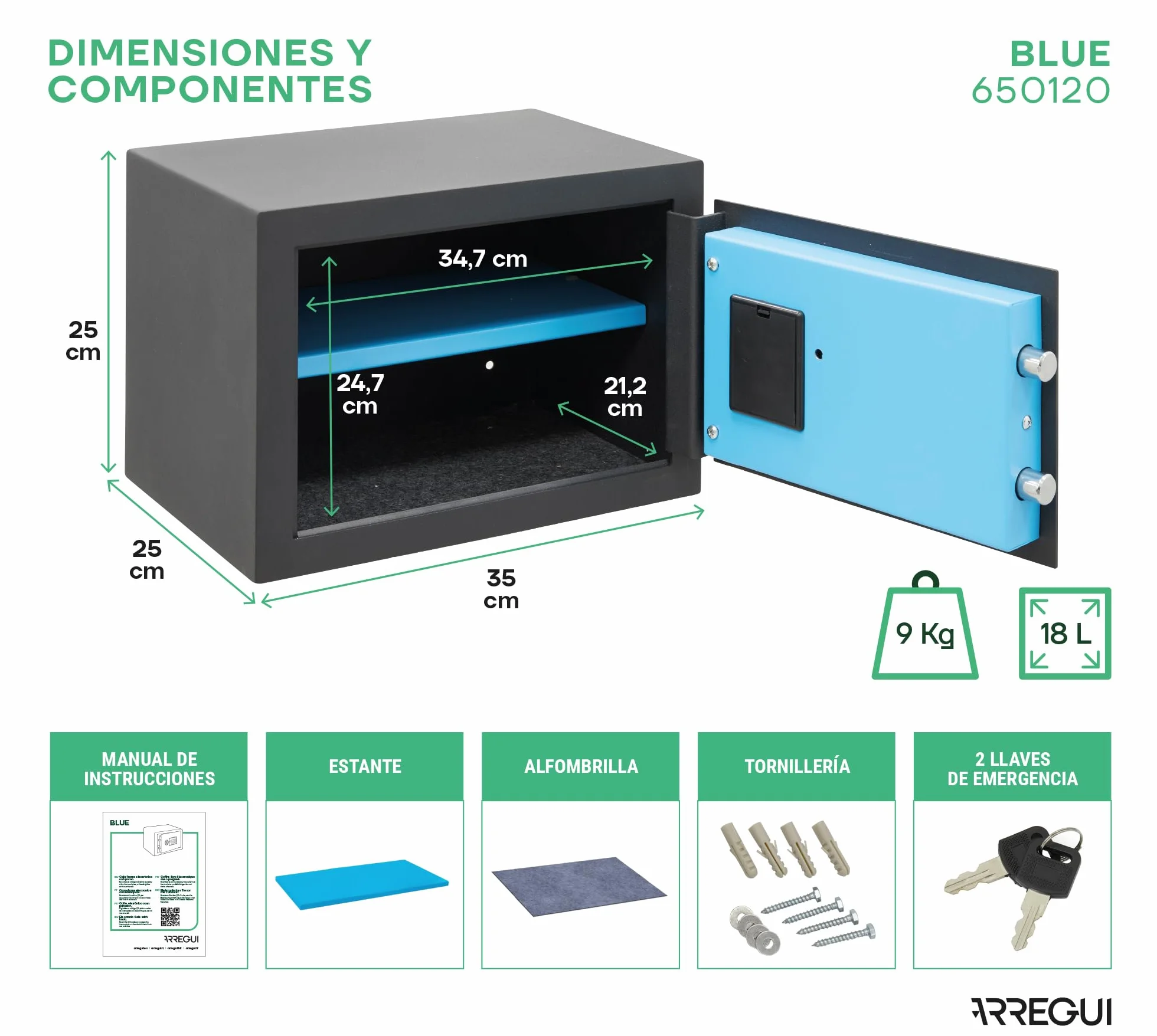 ARREGUI Blue 650120 Caja Fuerte de Acero con Cerradura Electrónica | 25x35x25 cm | 18 L | Caja de Seguridad para Casa y Hogar | Teclado con Códigos Programables | con Llave de Emergencia | grafito