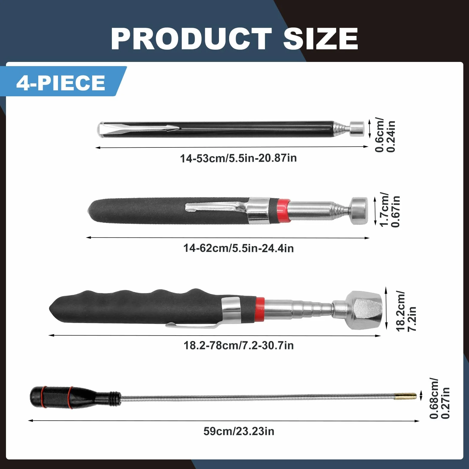 4 Piezas Recogedor Magnético Telescópico, Herramientas de Recogida Iman Flexible, Herramientas Magnéticas Telescópicas para recoger tornillos y tuercas y otros objetos metálicos (1.5LB 3LB 5LB 16LB)