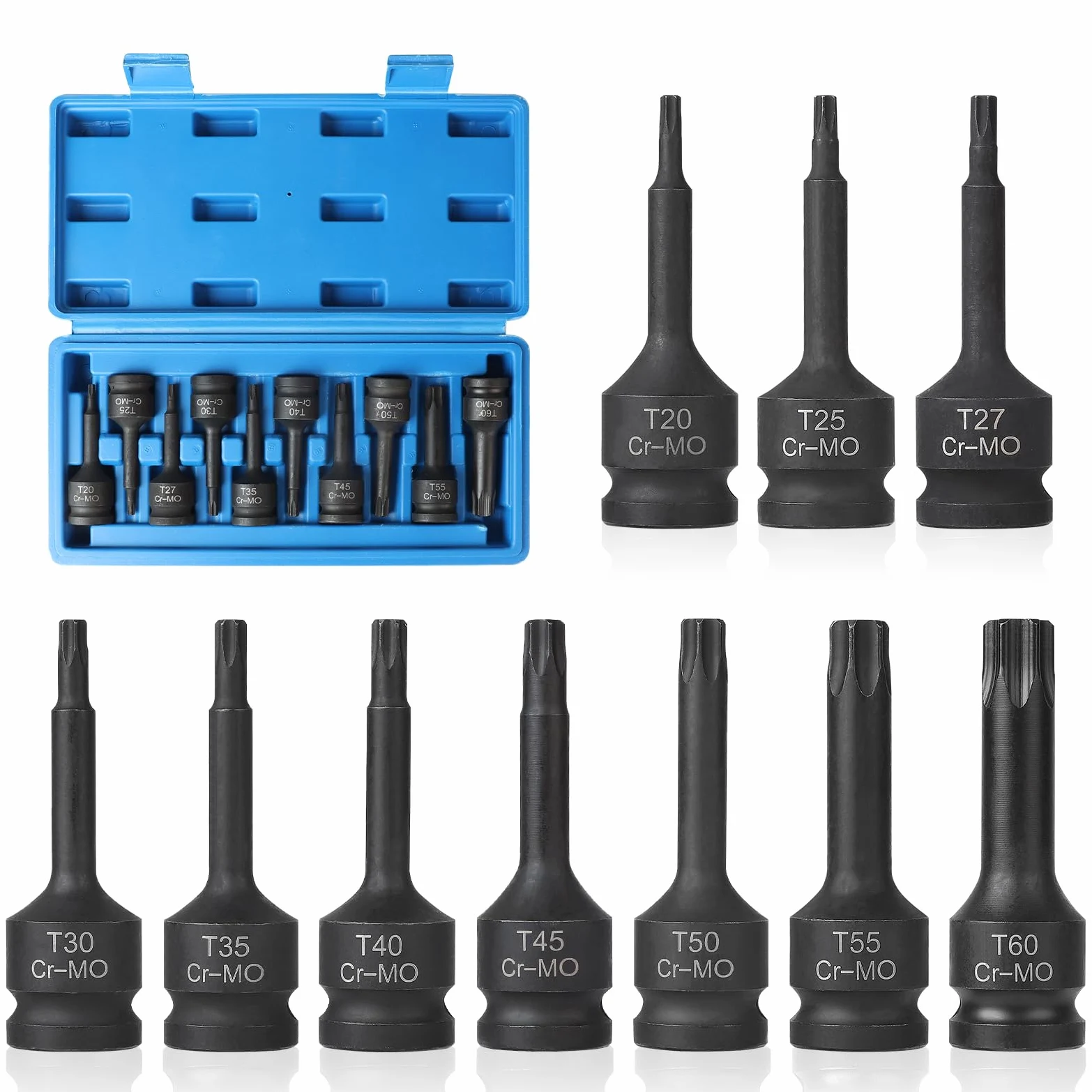 EFUTURETIME 10 Piezas Juego de Llaves de Vaso Torx 1/2", T20, T25, T27, T30, T35, T40, T45, T50, T55, T60, con Caja, CR-MO