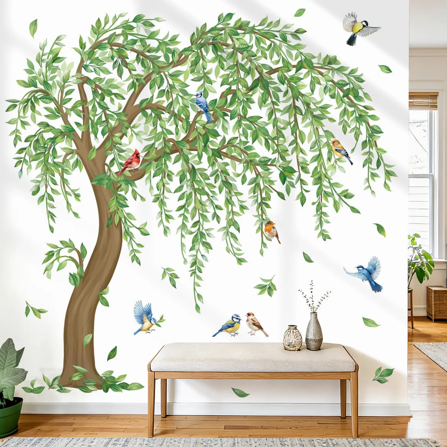 decalmile Pegatinas de Pared Arbol Verde Grande Vinilos Decorativos Hojas Plantas Verde Pájaros Adhesivos Pared Habitación Niña Dormitorio Salón
