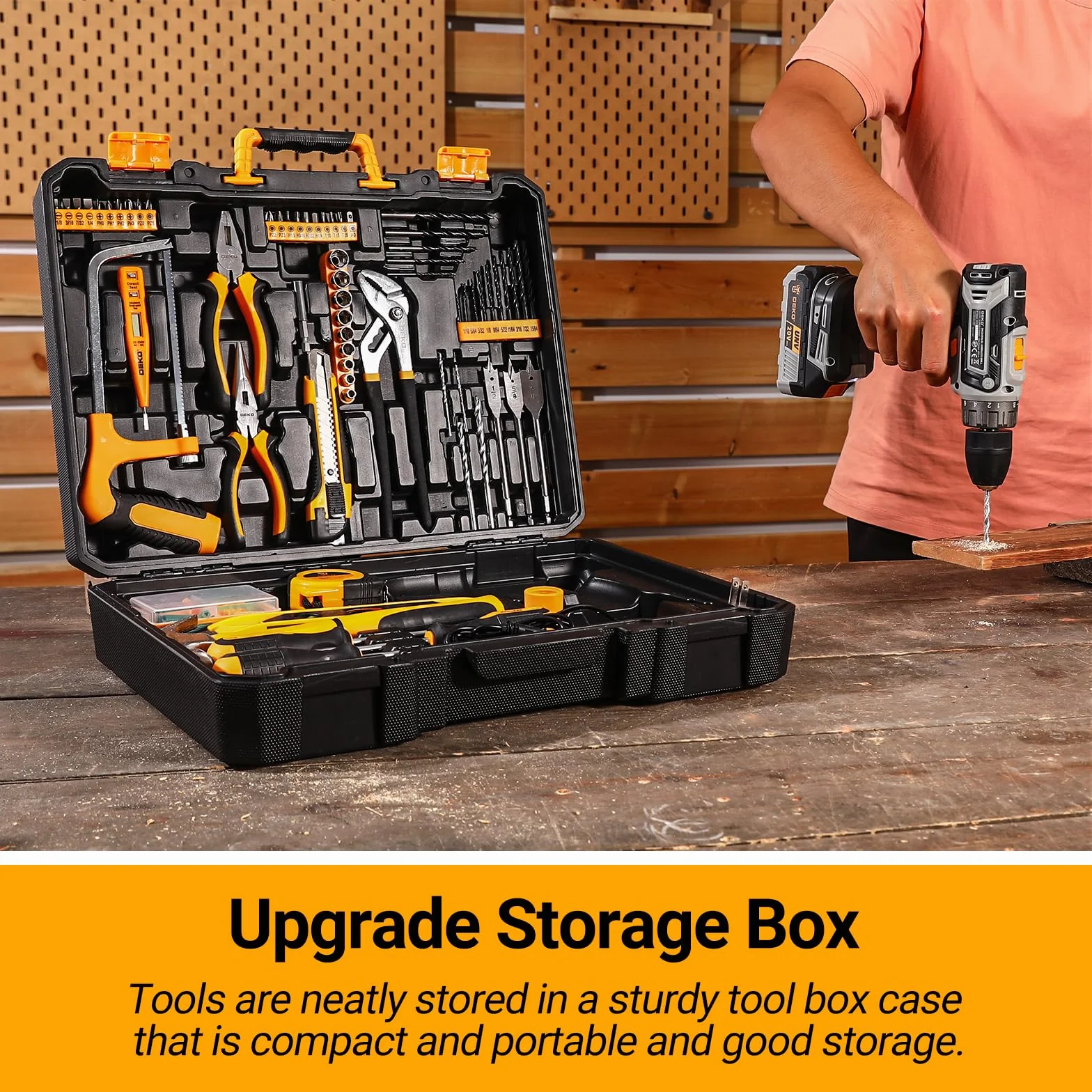 DEKO Caja Herramientas Completa con Destornillador Electrico/Taladro con bateria de 20V, Maletin de 186 Piezas, Caja profesional de herramientas Domésticas de Bricolaje para Oficinas y Jardín