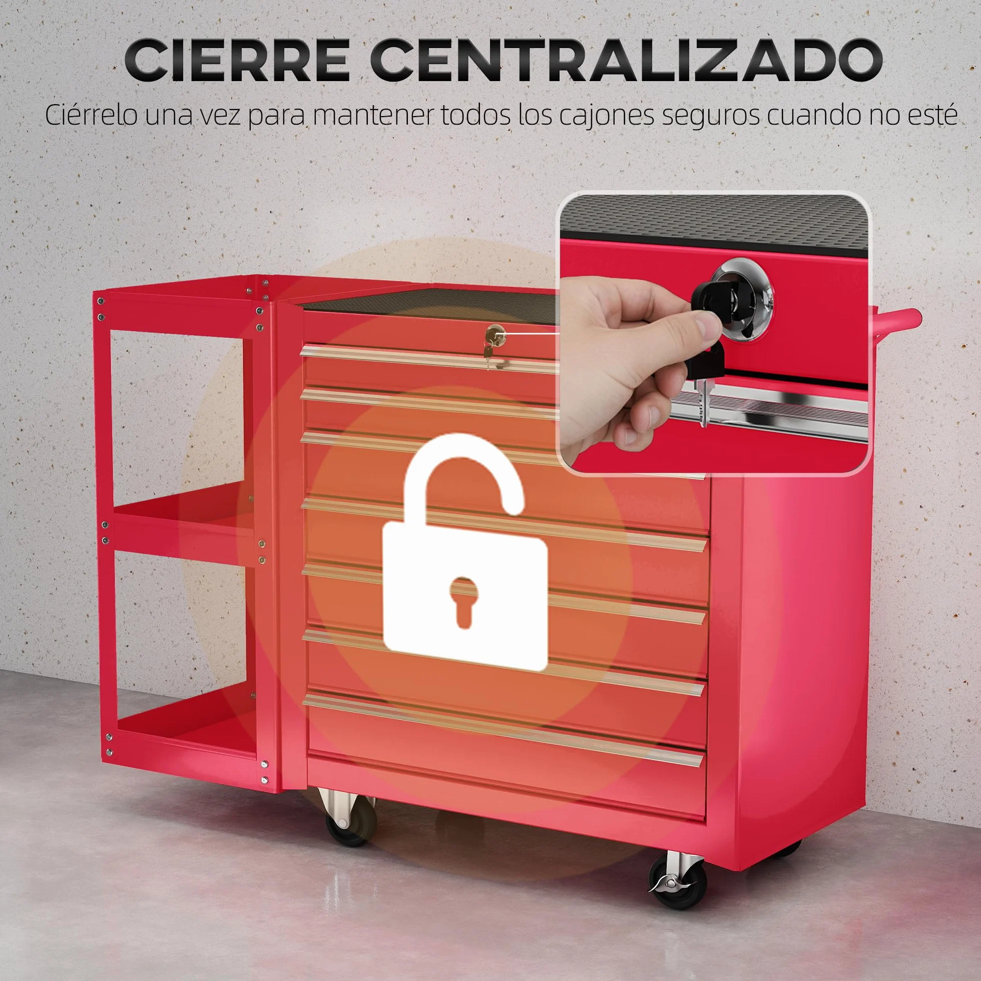 HOMCOM Carro de Herramientas 7 Cajones, Taller Estantería 3 Niveles Desmontable, Cierre Central, Asa, Ruedas Freno, Rojo