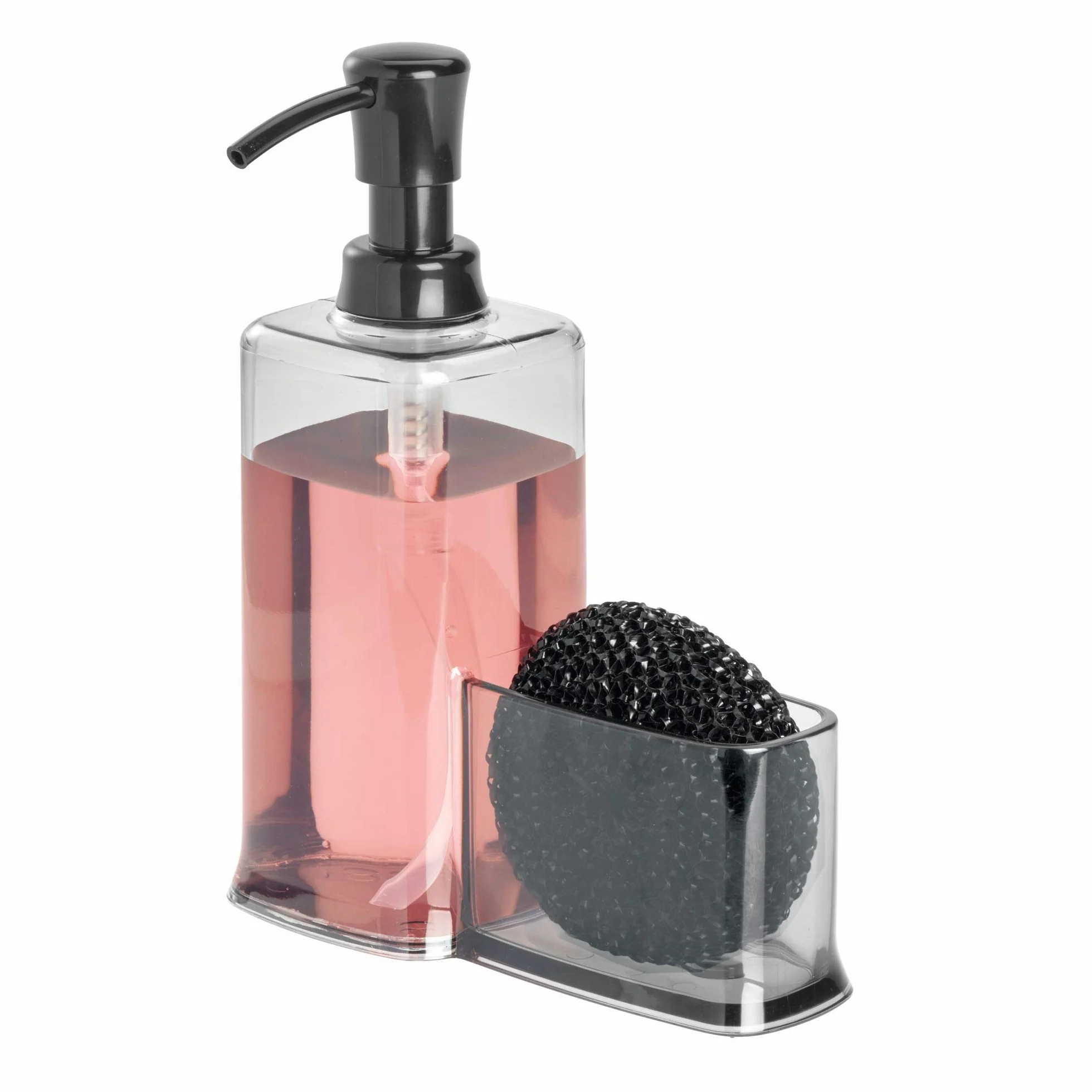 iDesign Dispensador líquido con estropajero, Organizador de Fregadero de plástico, Moderno dosificador de jabón con Porta estropajos, Gris, 16,5 cm x 7,9 cm x 21,0 cm