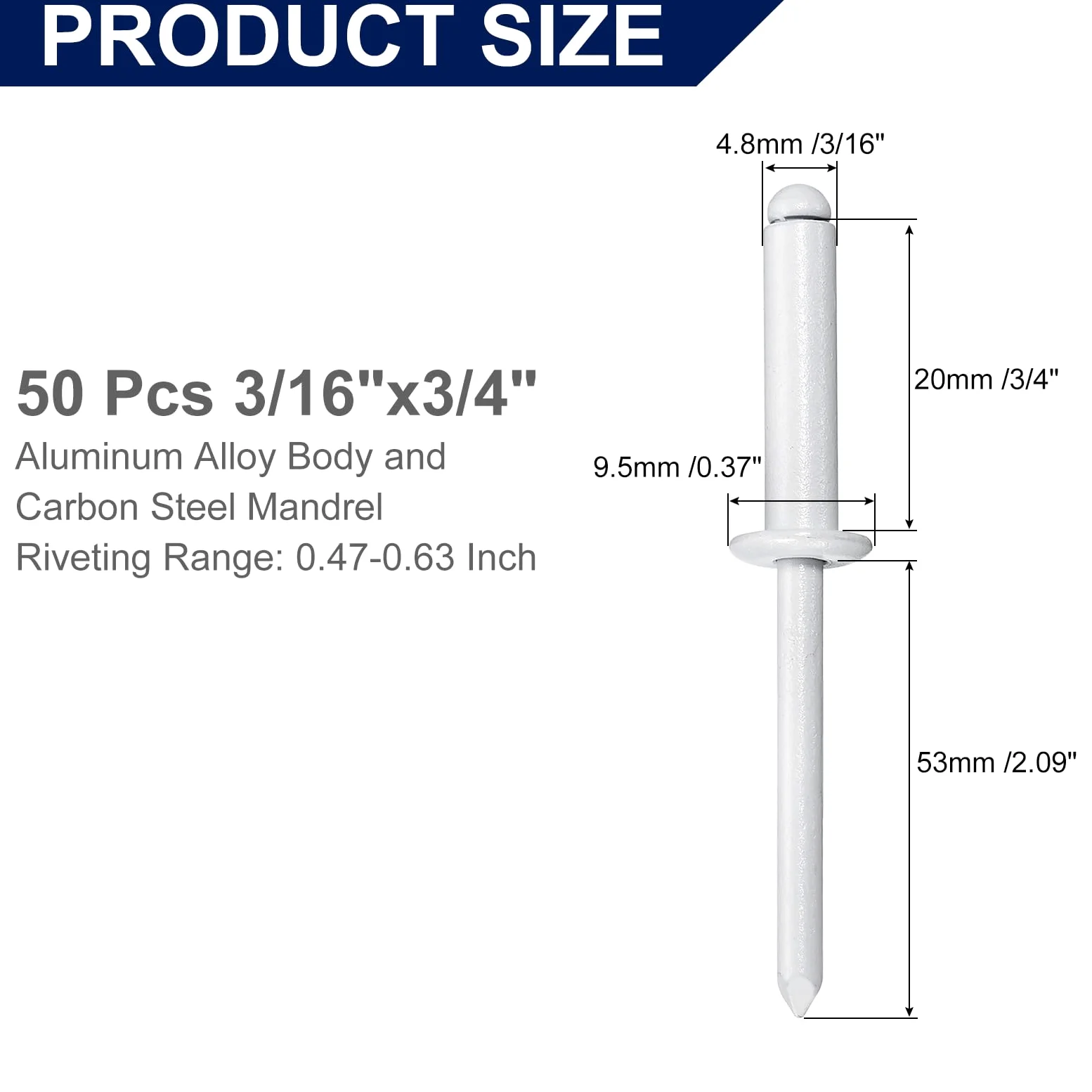 QUARKZMAN 50Pcs 3/16"x3/4" Remaches Ciegos Aluminio, Sujeción Aluminio Y Vástago Acero, Remaches Cabeza Abovedada Y División Larga Para Metal, Muebles, Automoción, Blanco