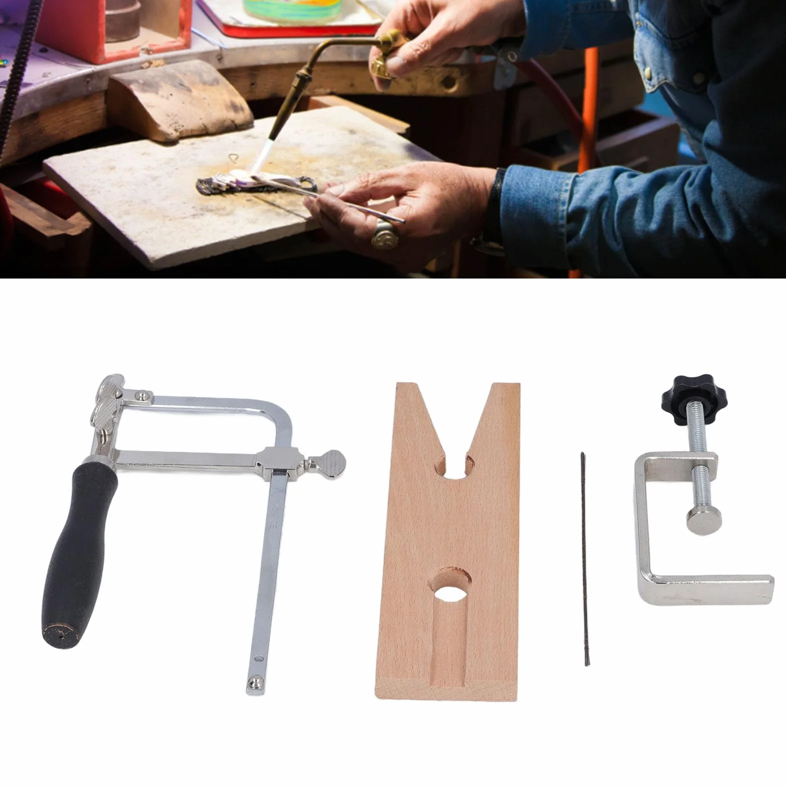 Kit de Sierra para Joyería Pinza de Presión V y Pinza C Ajustable Marco de Sierra Ajustable con 12Hojas de Repuesto Herramienta de Corte para Metal Madera Cera para Fabricación de Joyas Manualidades