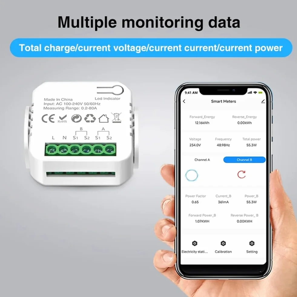 Medidor de Potencia Inteligente Tuya Wifi con Abrazadera para Transformador de Corriente, Medidor de Energía de 2 Canales 80A, Vatímetro para Hogar Inteligente