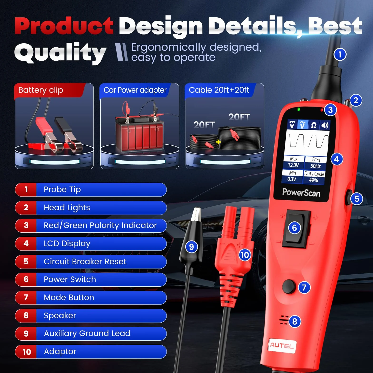 2026 Autel PowerScan PS100 Probador Circuito Auto, Herramienta Sonda Circuito Eléctrico, Detector Cortocircuito Disyuntore Abierto 12-24V, Resistencia Corriente CA/CC, Cable Extensión 6M para 99% Auto