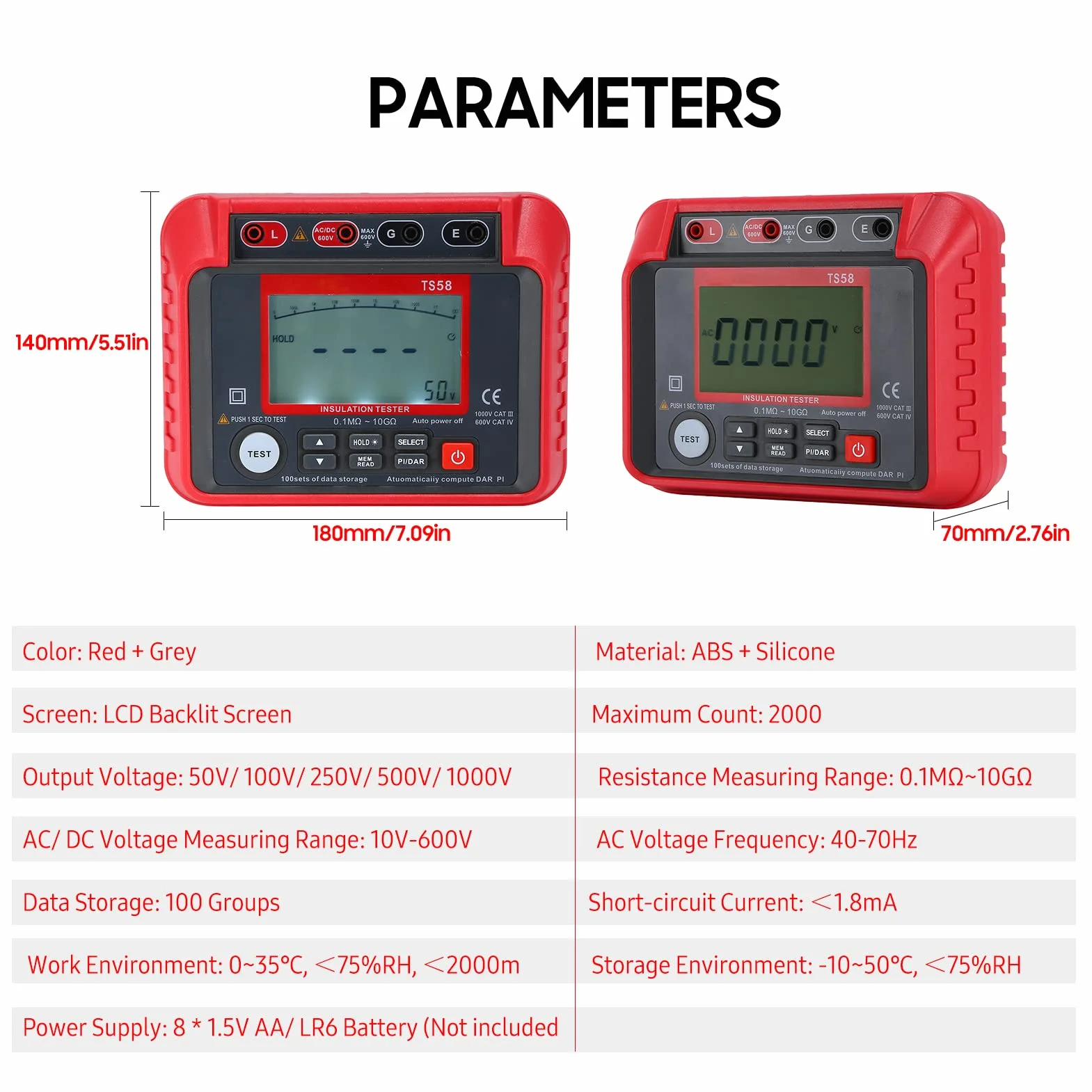Megohmímetro digital TS58 0,1 MΩ-10 GΩ 10-600 V AC DC 2000 recuentos DAR PI-Índice