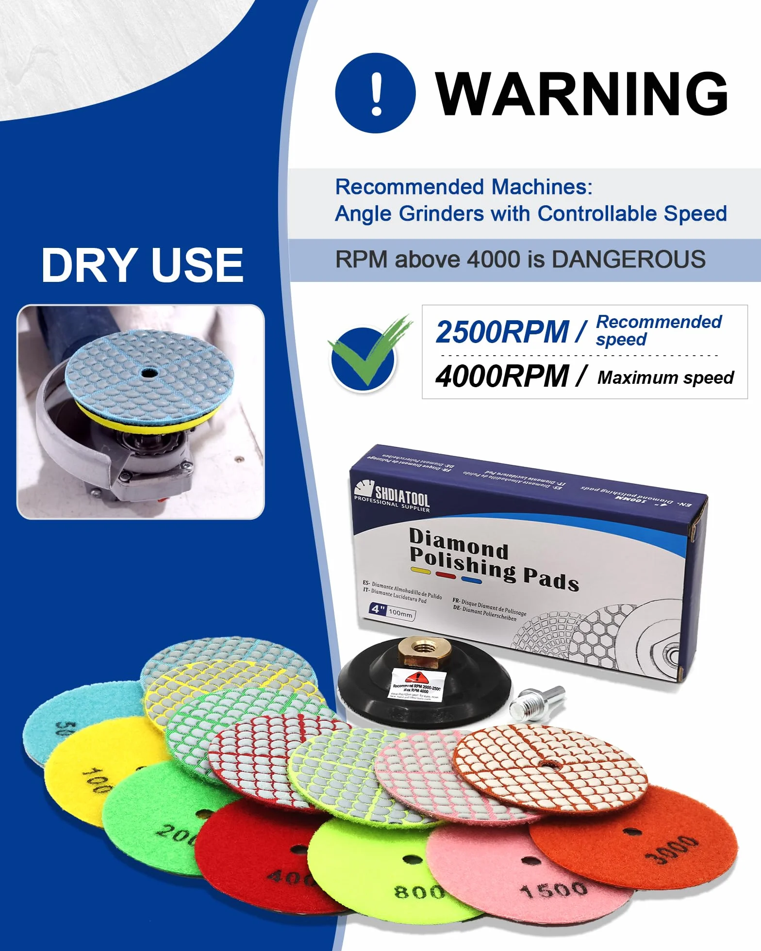 SHDIATOOL Disco de Pulido Diamante 10 Piezas - 100mm Discos (Grano 50x3/100x2/200/400/800), 1 Pieza Plato de Soporte, 1 Pieza Aadaptador para Pulir Mármol Granito Cuarzo Piedra en Seco