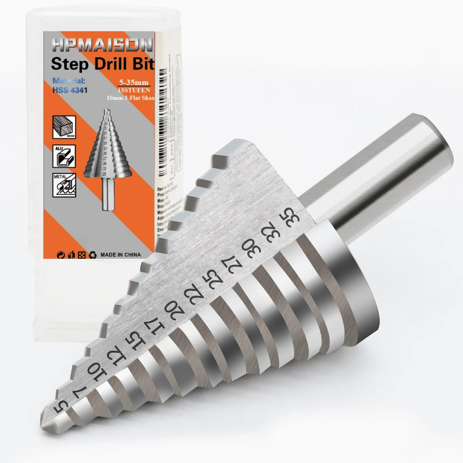 HPMAISON Broca escalonada HSS 4341, 10 mm, vástago de 3 planos, acero de alta velocidad (diámetro 5 – 35 mm, 13 niveles) para metal, madera, plásticos, profesional HSS 4341