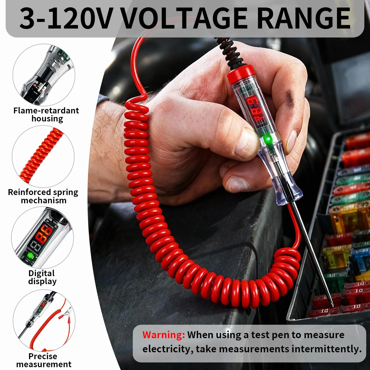Probador de Circuito Automotriz Digital 3-120V DC Comprobador de Fusibles con Pantalla LED