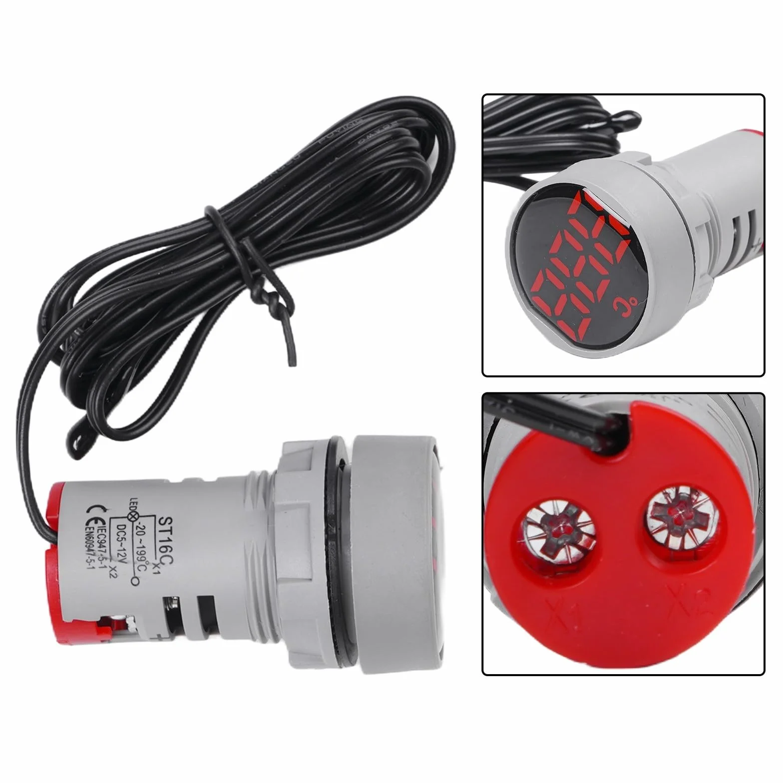 Termómetro digital compacto de 22 mm con LED transparente, indicador de temperatura redondo DC 5V-12V, para sistemas de control rojo (DC5-12V)