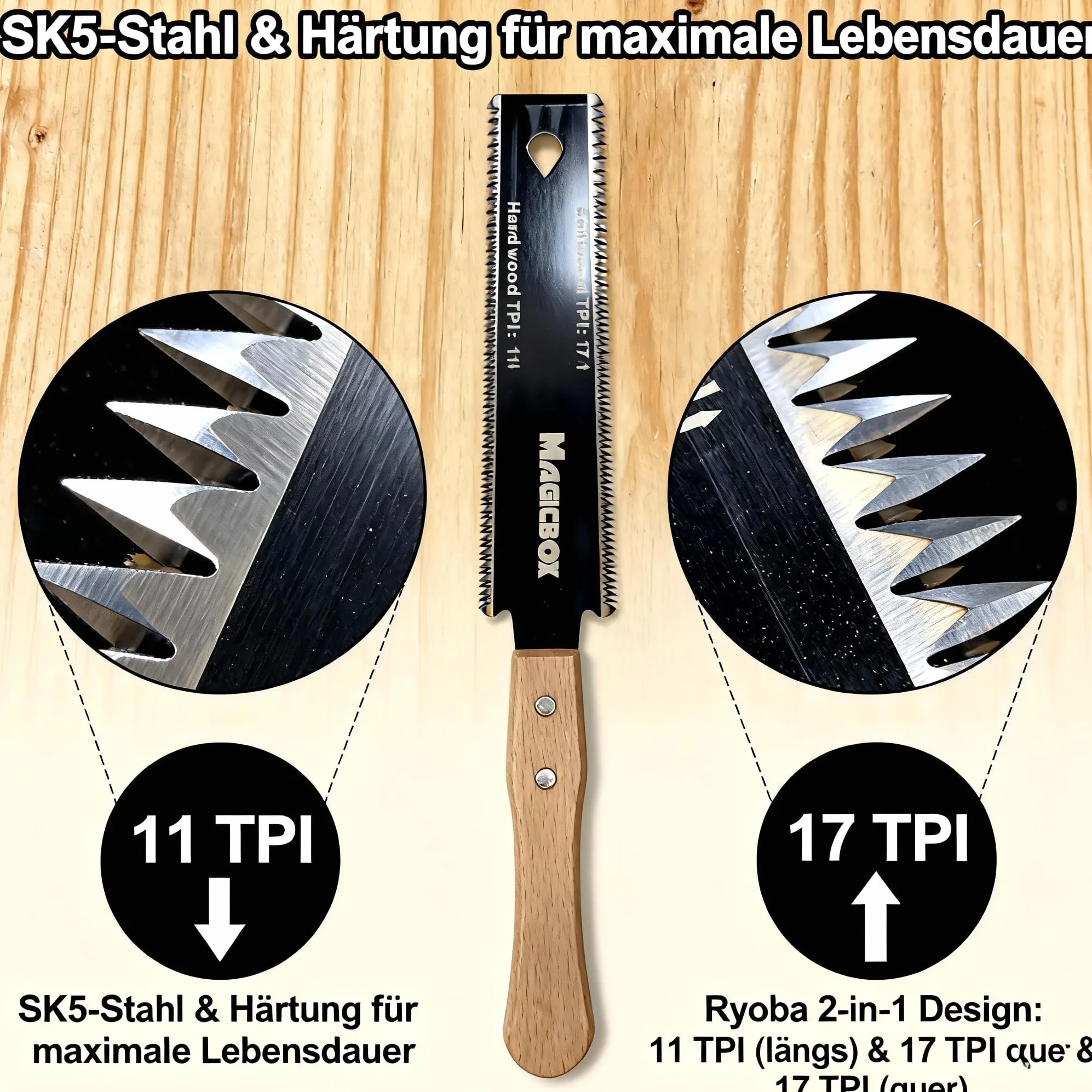 Magicbox Juego de sierras japonesas de 4 piezas, sierra japonesa Ryoba y madera de sierra fina, sierra de tracción 11/17 TPI con hoja SK5, sierra de espiga para carpintería, sierra japonesa Dictum