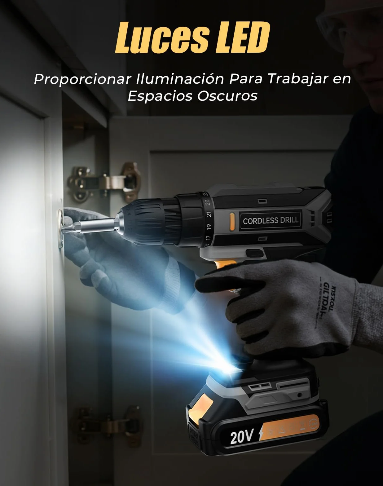 Taladro Atornillador Inalámbrico 20V, Taladro Atornillador Bateria 42Nm con 25+1 Ajustes de Torque, Luz LED, Kit 56 Piezas, Destornillador Eléctrico para Bricolaje en Casa y Jardín, Gris
