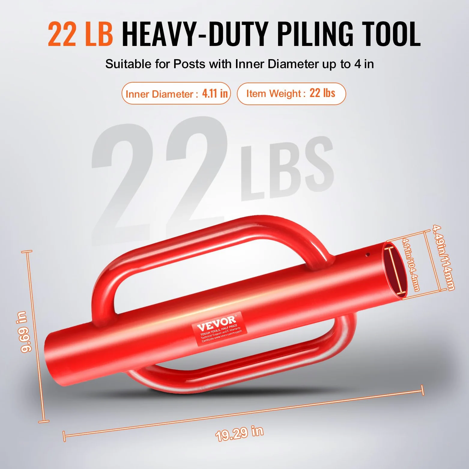 VEVOR Apisonador Manual para Postes de Cerca con Asas, Diámetro Interior 101,6 mm, Postes en T, Acero al Carbono, Resistente, para Canal en U, Poste de Señalización y Madera, Rojo, 490 x 242 x 118 mm