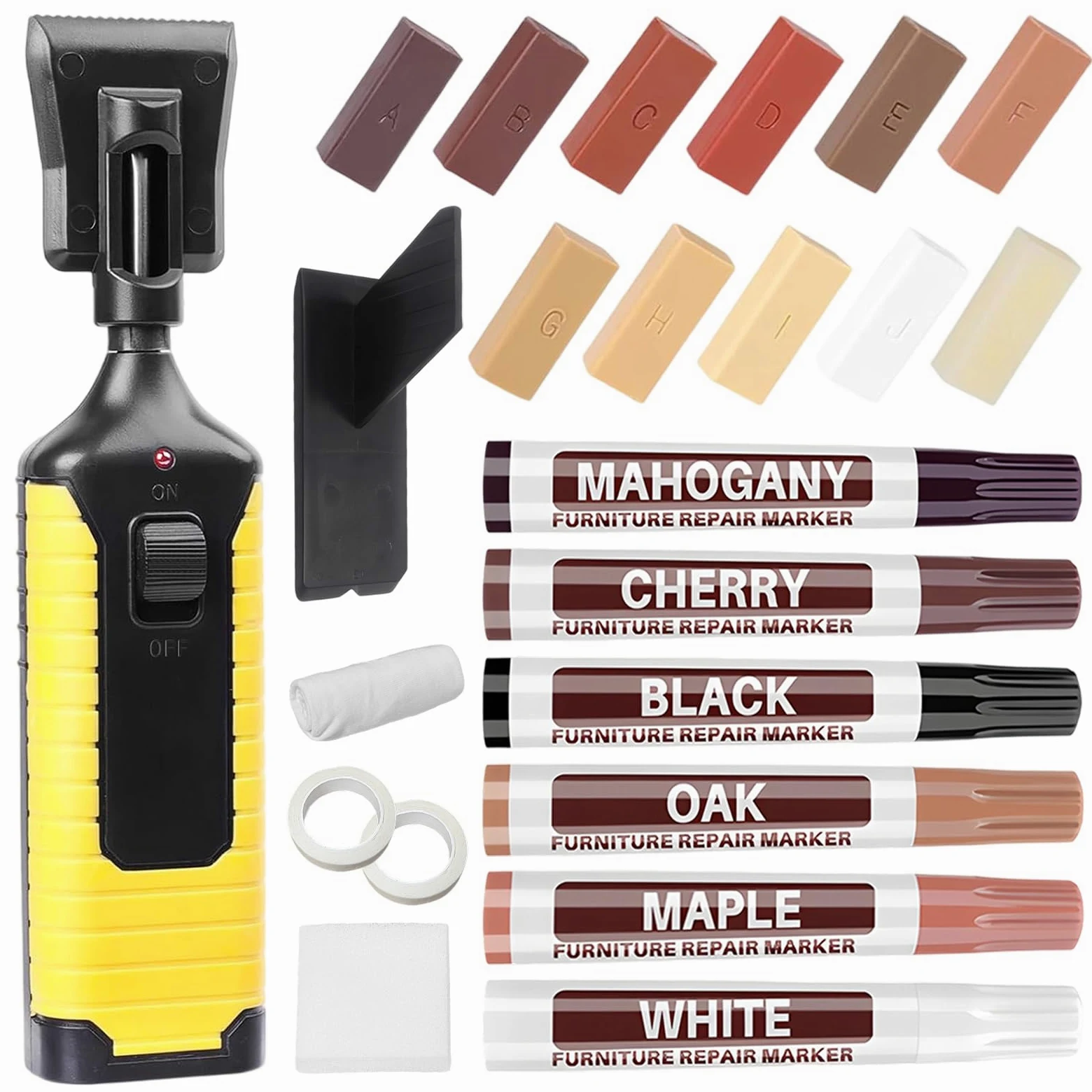 Kit Reparación Laminado, Kit Reparacion Suelo Laminado con 11 Colores Cera Dura, 6 Rotuladores Reparación Muebles, Fundidor y Accesorios, para Suelos Vinilo, Suelos Madera, Muebles, Encimeras
