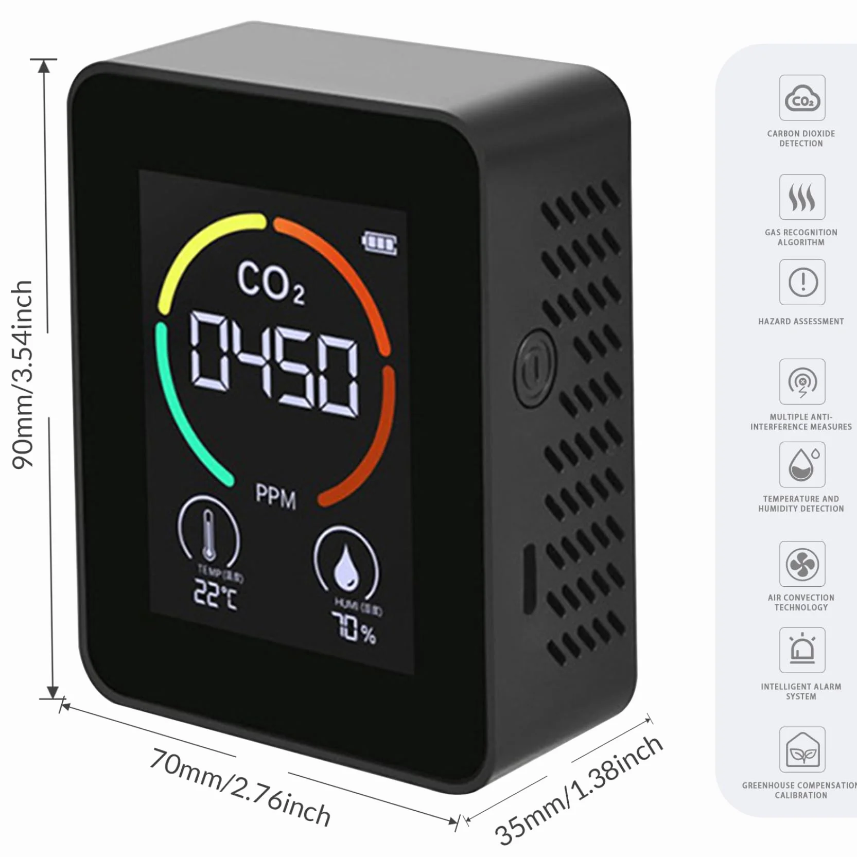 Detector de CO2, 3 en 1 con LCD Que Muestra un Monitor de Calidad del Aire portátil Muestra la Temperatura Ambiente y la Humedad para Las Carpas de Cultivo de Casas rodantes, 400-5000ppm Negro