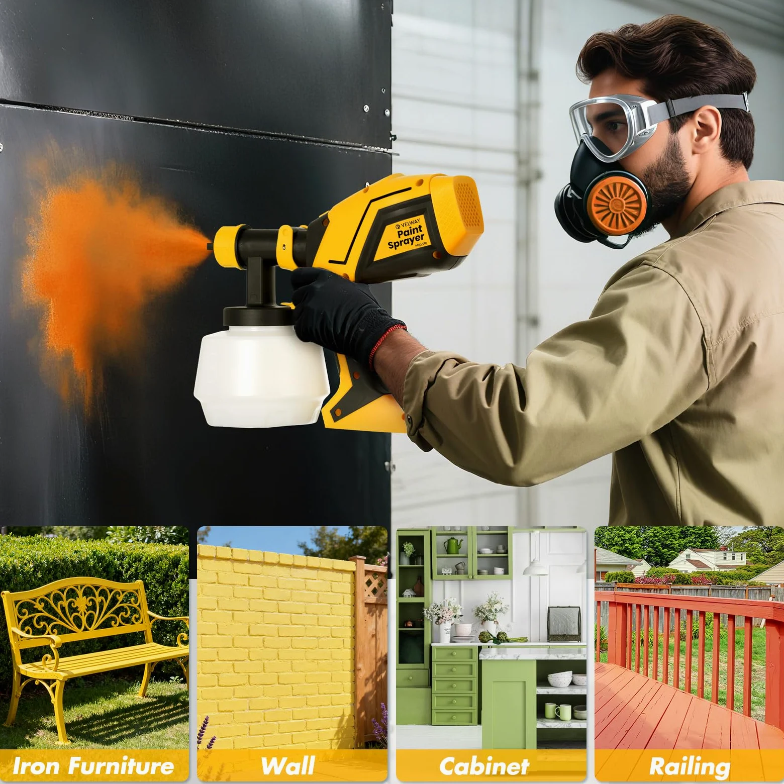Velway Pistola de Pintura, 600W HVLP Pulverizador de Pintura Electrica con Contenedor de 1200ml, 5 Boquillas y 3 Patrones, Ideal para Muebles, Vallas, Paredes, Armarios, Bricolaje, Techos, Jardín