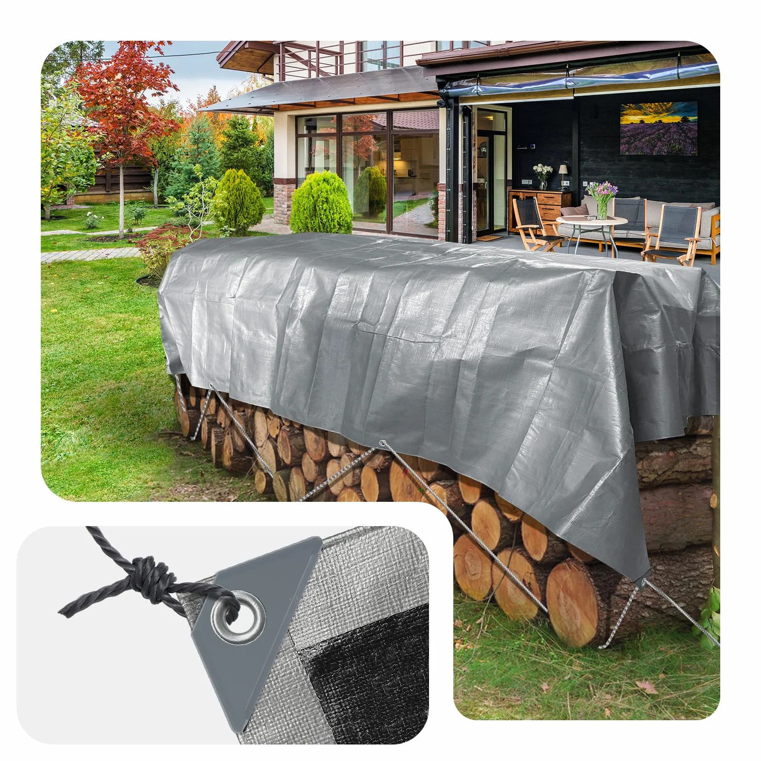 VOUNOT® Lona Impermeable Exterior 3x4m, Toldo Reforzado PE 180 g/m² Protección UV, Ojales Acero Inoxidable, Gris-Negro
