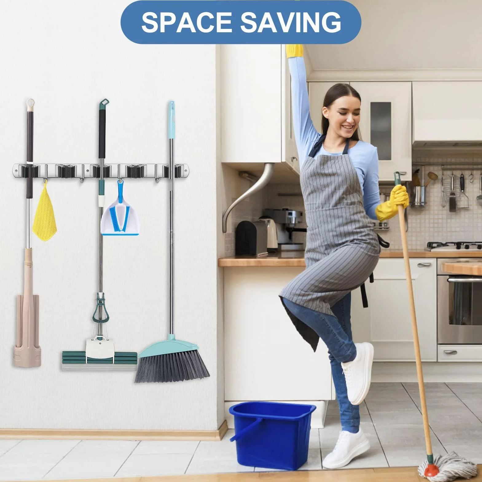 Soporte para Escoba y Fregona, Montaje en Pared, Organizador de Acero Inoxidable Resistente, 5 Ranuras, 4 Ganchos, Garaje, Lavandería, Armario, Almacenamiento, Ahorro de Espacio,