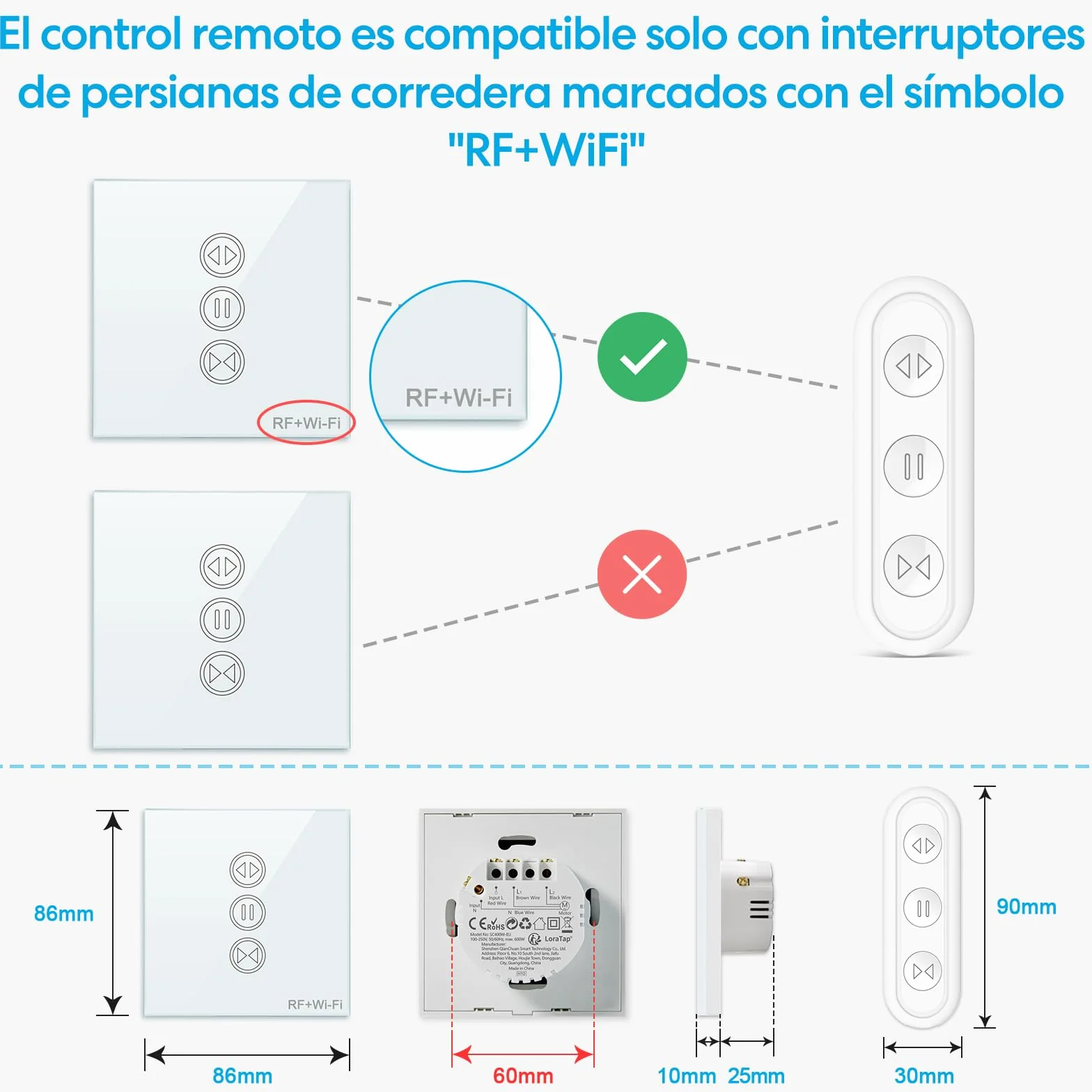 LoraTap Interruptor Persiana WiFi con Mando a Distancia RF, Interruptor Táctil de Pared para Cortina Eléctrica, Funciona con La Aplicación Smart Life, Compatible con Alexa y Google Home