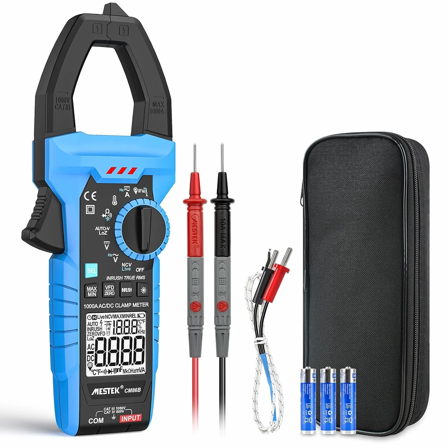 Pinza Amperimétrica 1000A CA/CC Amperímetro MESTEK InRush Clamp Meter T-RMS Medir Corriente Tensión Temperatura Resistencia Condensadores Frecuencia con Modo VFD, LOZ 6.000 Conteos