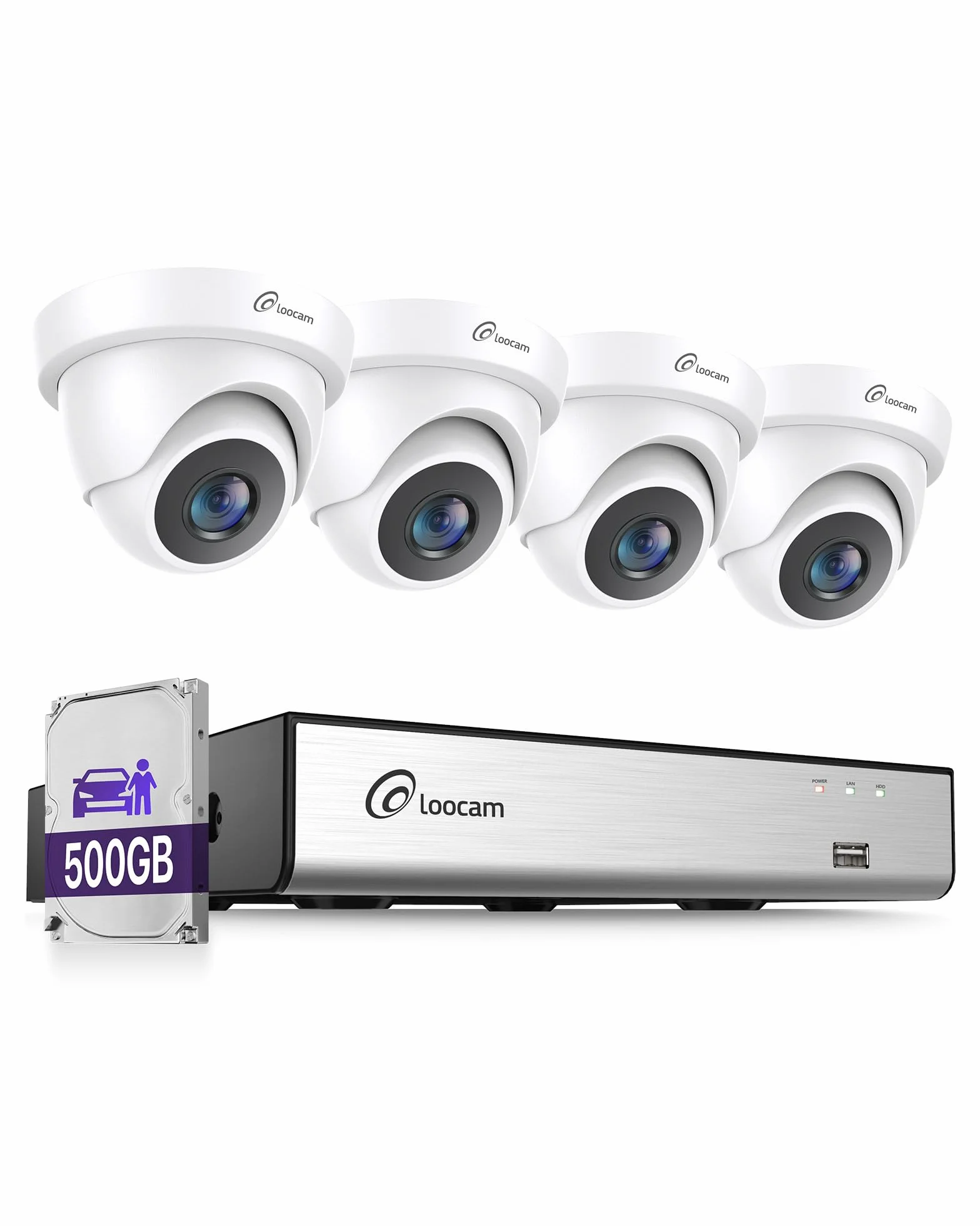 Loocam Sistema de Cámaras CCTV 1080P, DVR 8CH H.265+ con SSD de 500G, 4 Cámaras de Seguridad 2MP 1920TVL (Interior/Exterior), Detección AI Persona/Vehículo, Visión Nocturna, Reproducción Inteligente