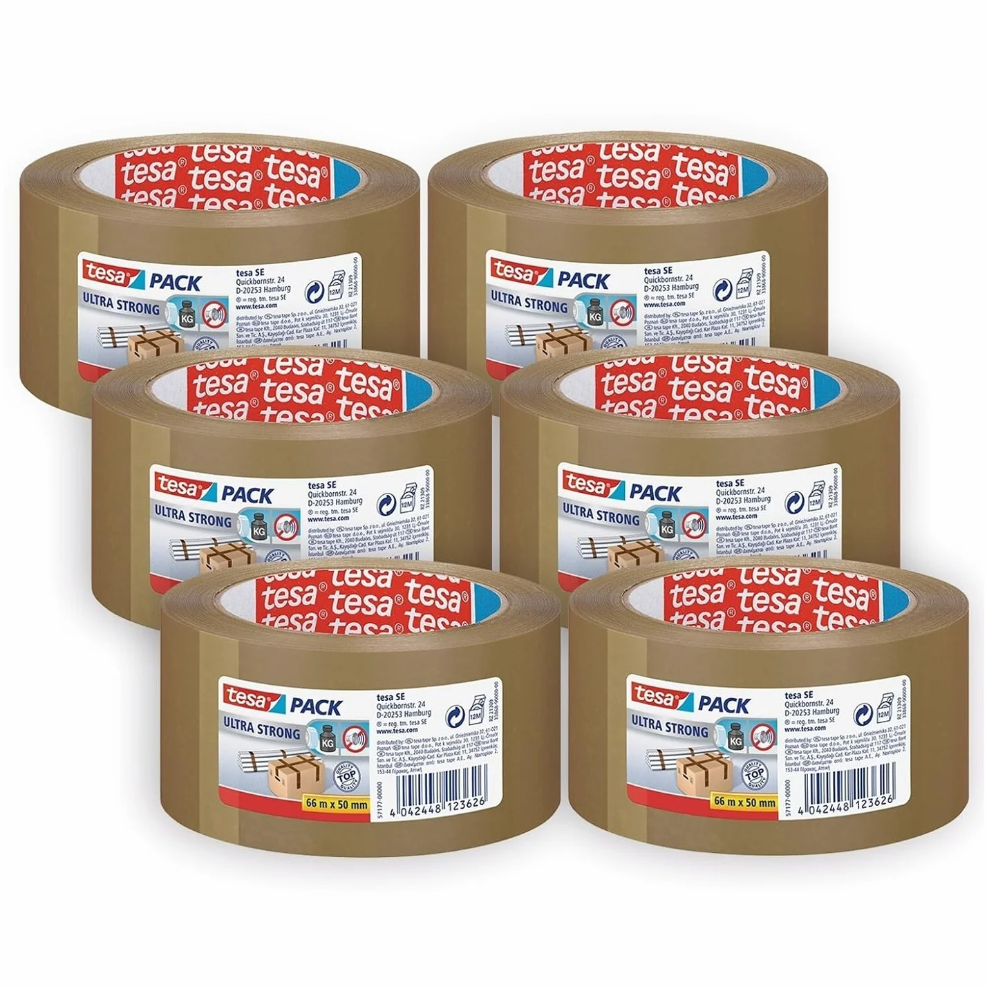 tesapack - Cinta Adhesiva para Embalar, Sellar y Empaquetar - Resistente al envejecimiento y al desgarro - Extra fuerte y sin disolventes - 6x 66 m x 50 mm - Marrón