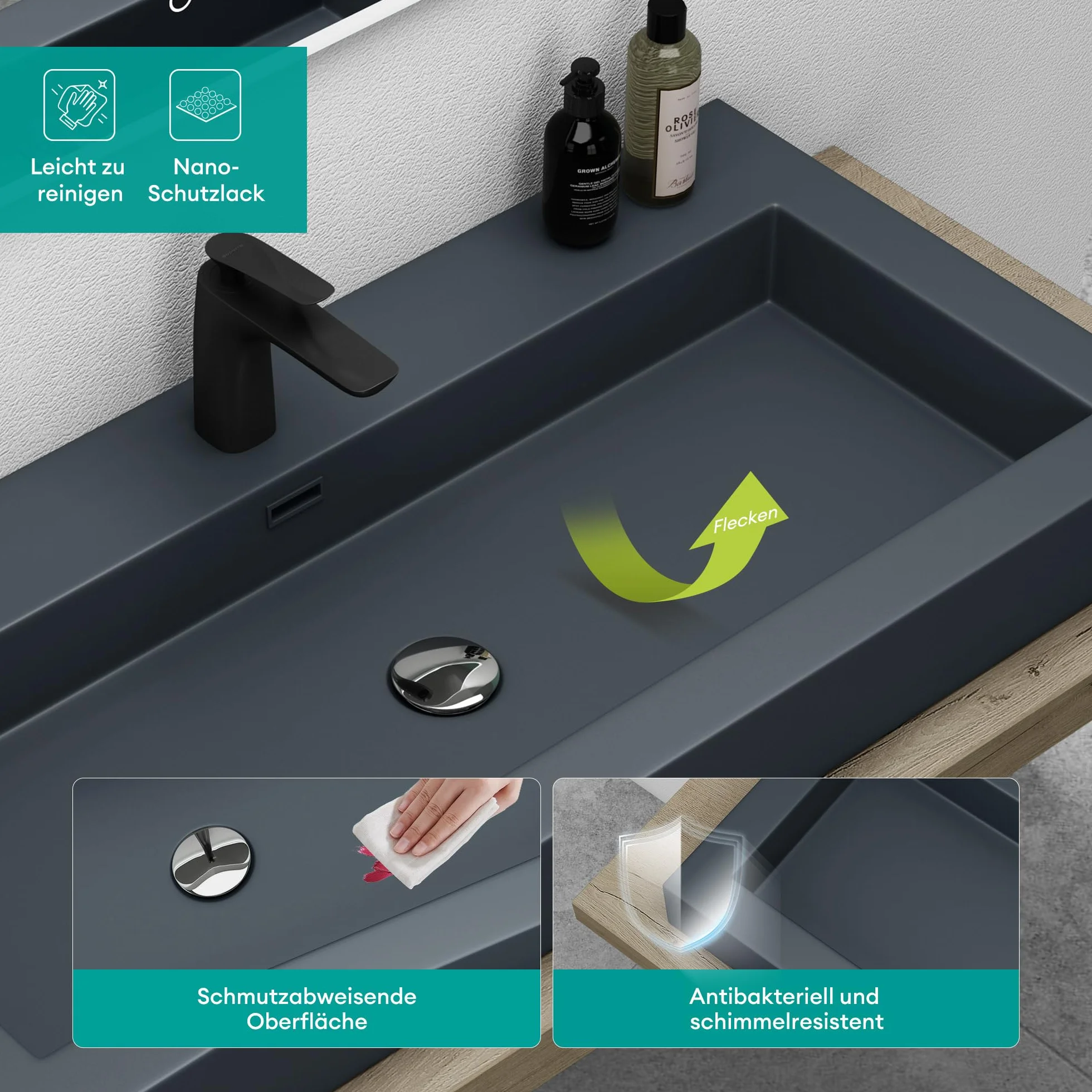 Mai & Mai Lavabo sobre Encimera Baño | Rectangular | Antracita Mate | Mármol Fundido | 60x48x12cm | con Rebosadero y Orificio para Grifo | Colossum18