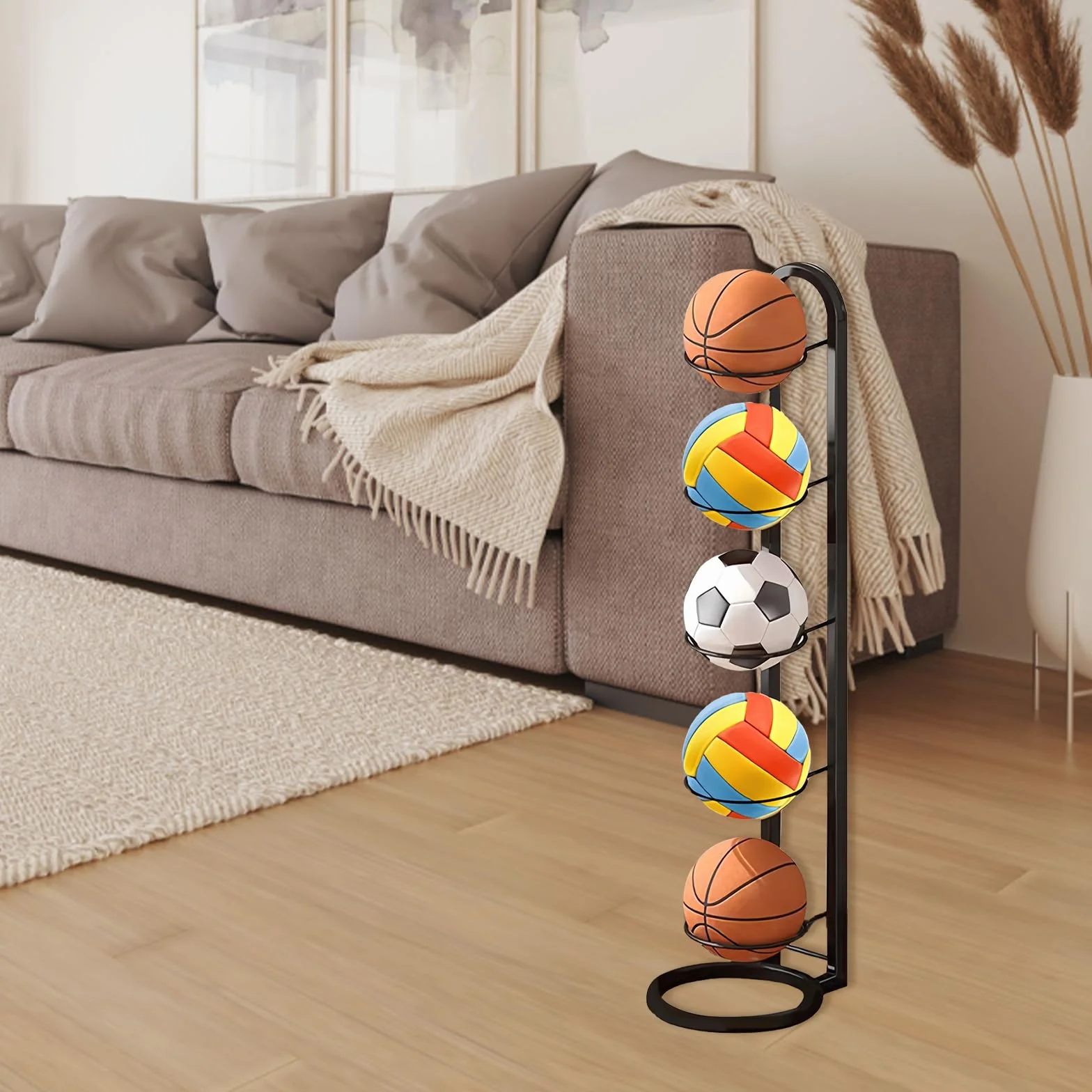 Estante de baloncesto de 5 niveles, soporte de pelota vertical, soporte extraíble, organizador de garaje para equipo deportivo de fútbol, voleibol