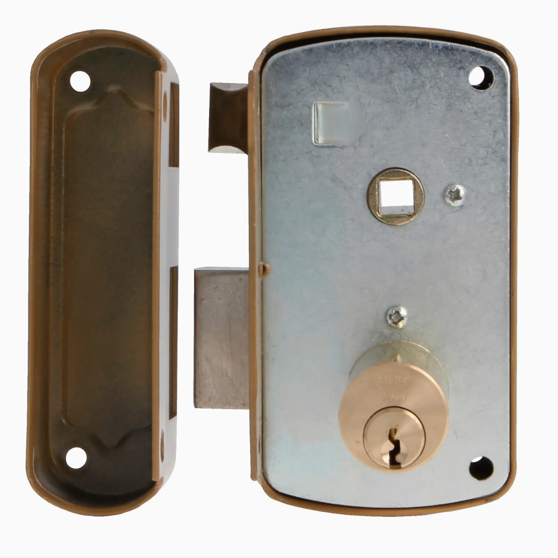 Amig - Cerradura de Sobreponer de Derecha con Palanca de Cierre, Lengüeta y Tirador para Puertas de Madera Mod. 75UN 66 x 120 mm Cilindro Redondo de Seguridad Acero Dorado