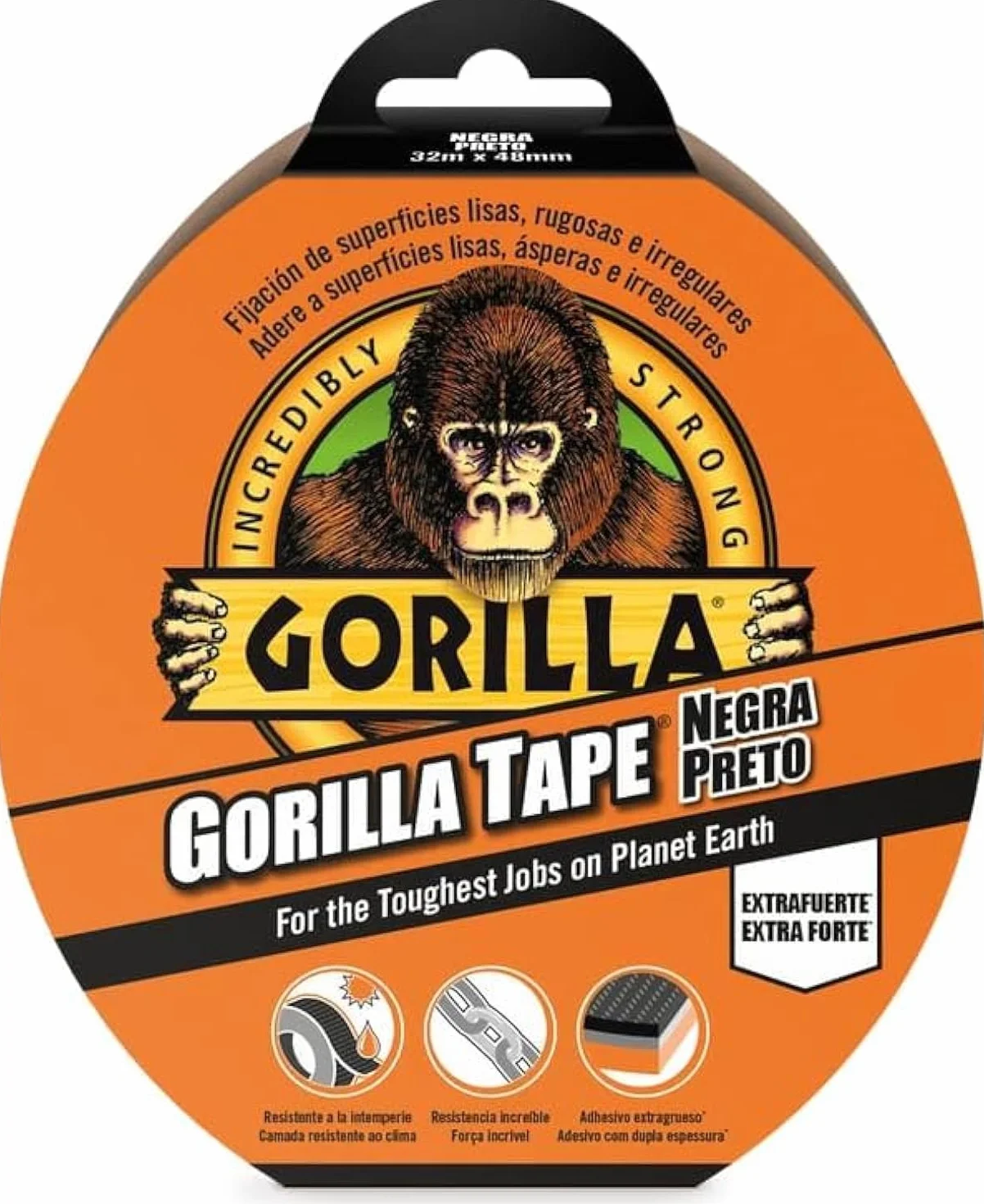 Gorilla Tape - Cinta Americana Negra, 32m x 48mm | Agarre Extrafuerte en Superficies Rugosas e Irregulares | Multiusos y Resistente al Agua