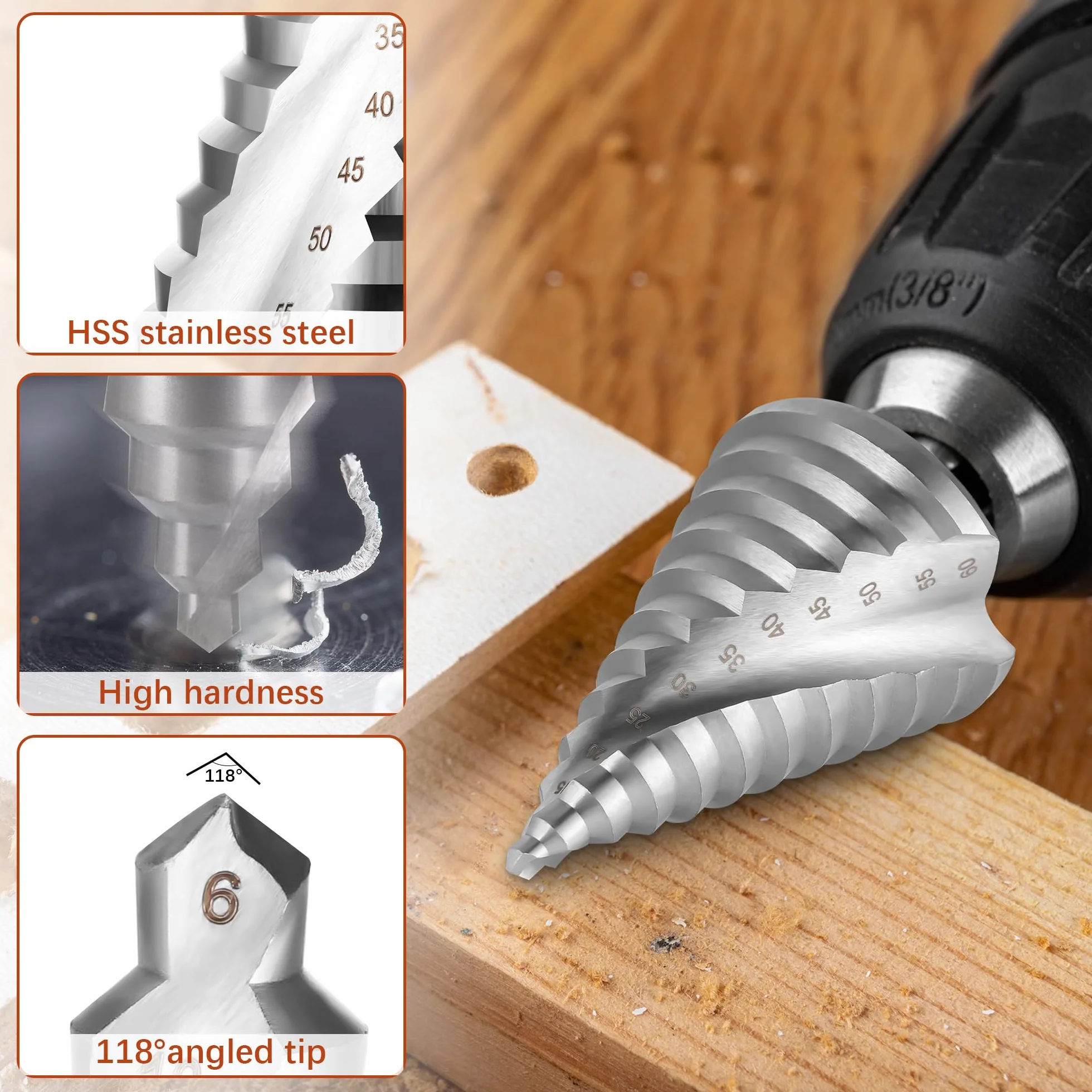 JIZZU Broca Escalonada 6mm a 60mm HSS Espiral, Triángulo Cónico Titanio Recubierto Doble Ranura para Metal, Madera y Plástico