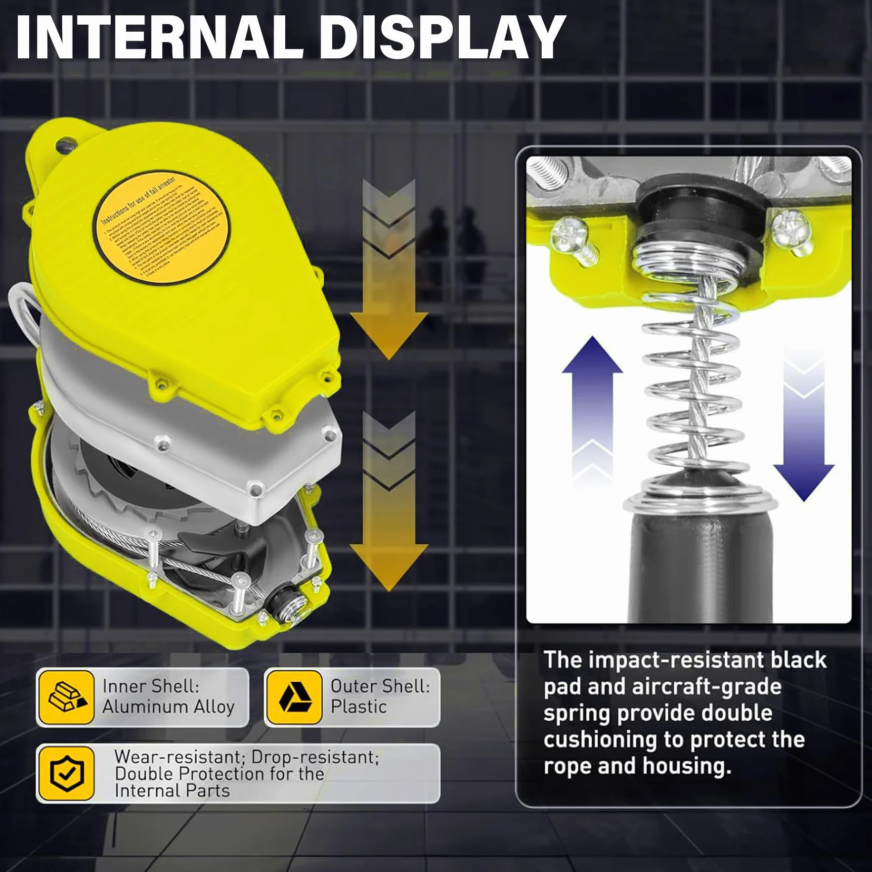 Dispositivo Anticaidas Retráctil, 3-20m Anticaidas Retractil Seguridad Homologado con Gancho Autoblocante, Amarillo Linea de Vida Retractil para Techado y Construcción, Carga:150kg (10m)