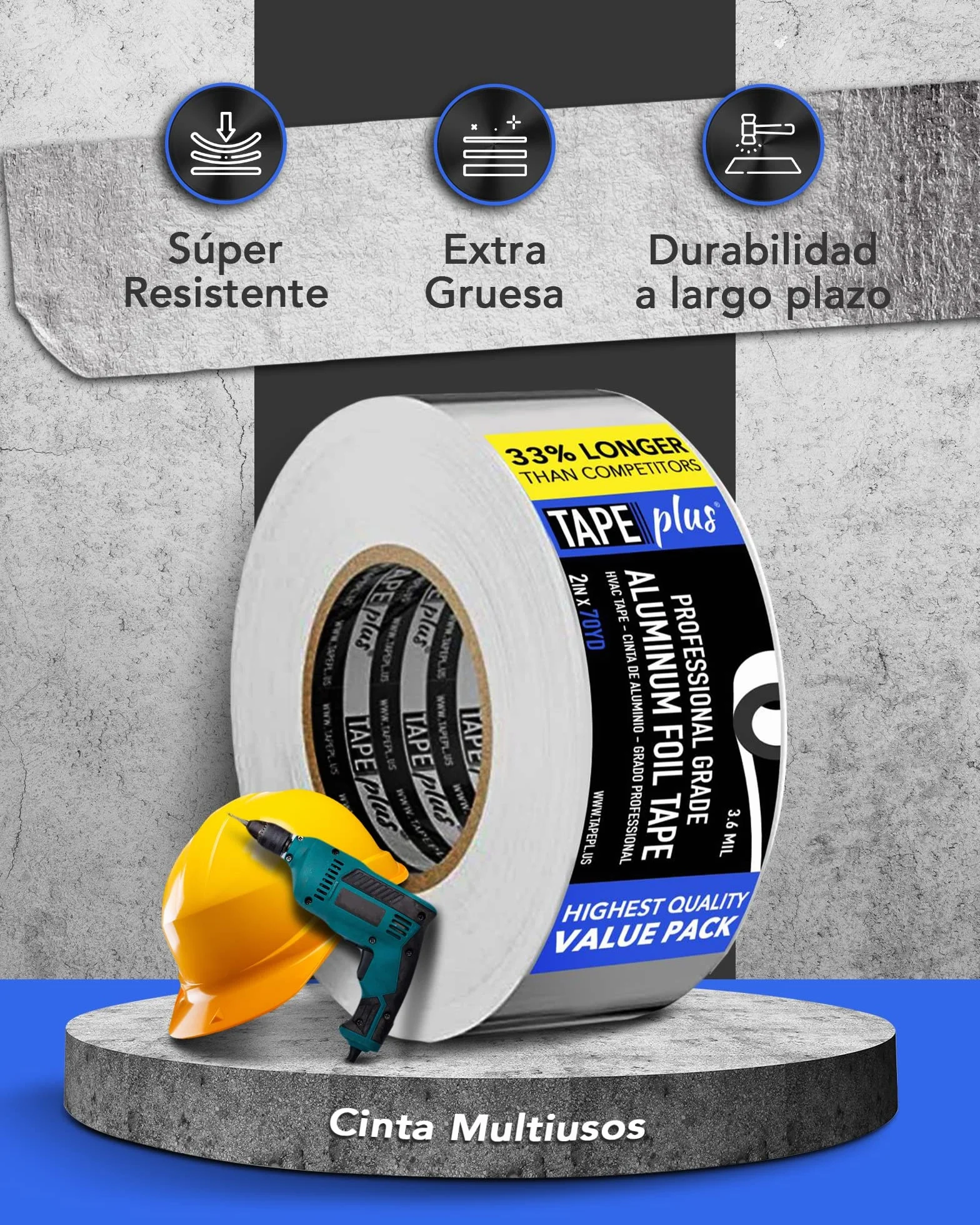 Cinta adhesiva aluminio profesional, 2"x210 pies (70 yd) para HVAC, sellado y reparación de ductos de aire y metal caliente/frío (paquete de 2)
