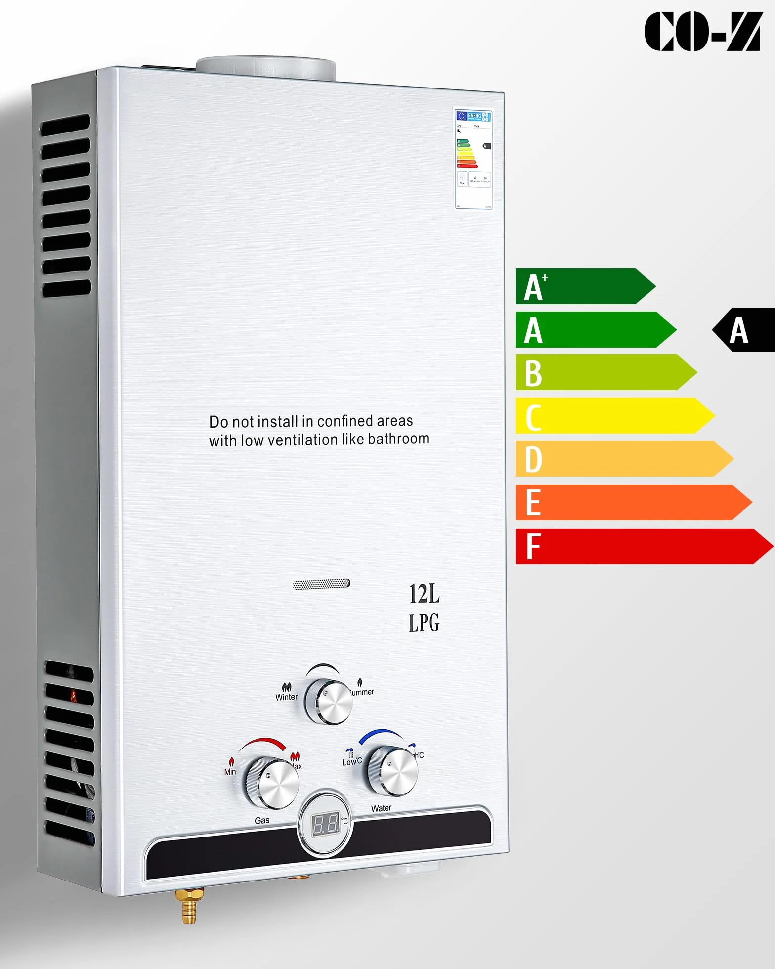 CO-Z Calentador de Agua Butano 12 L/Min, Gas LPG sin Tanque, Certificado CE