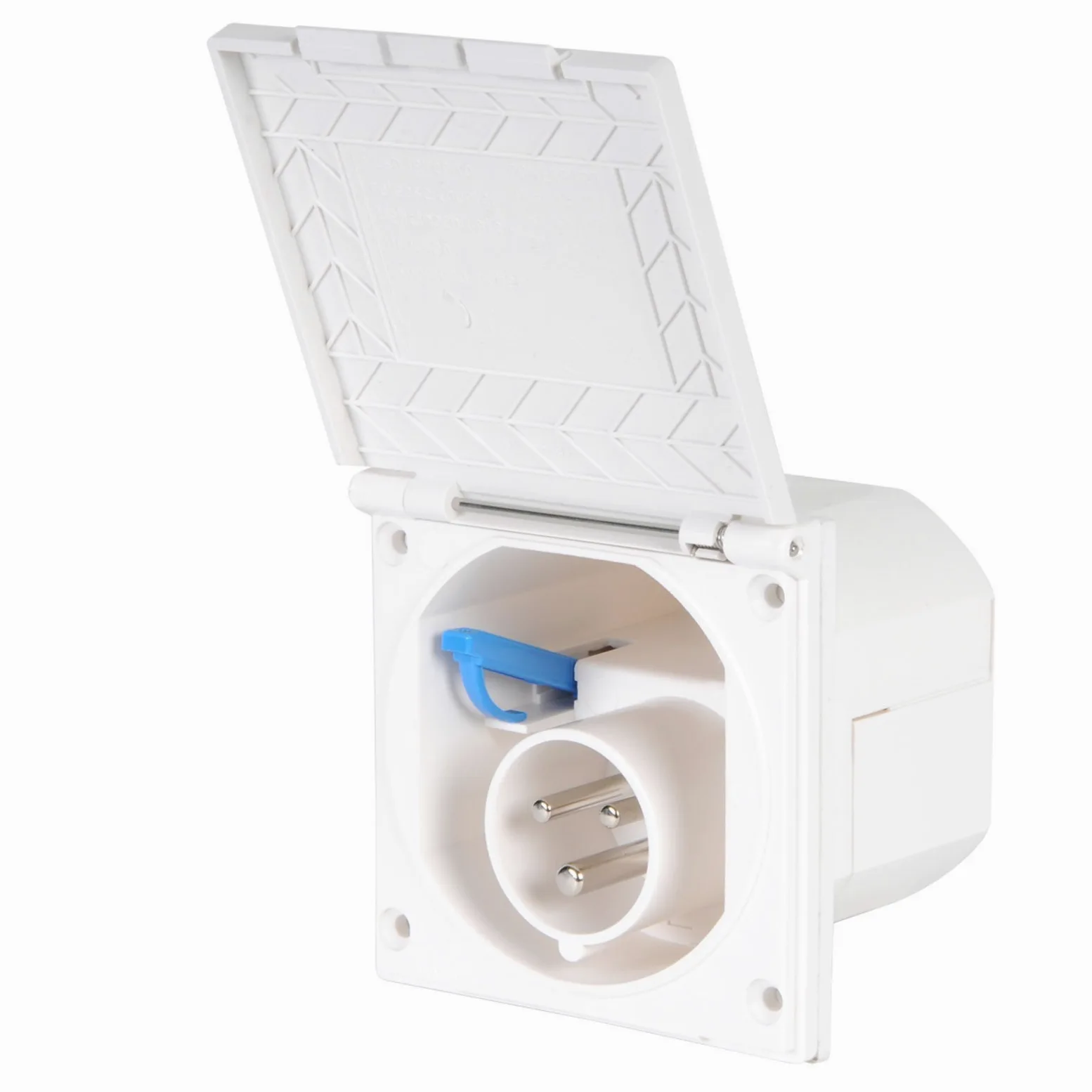CEE enchufe de exterior blanco contra salpicaduras de agua. 200 – 240 V, 16 A, 3 pines IP44