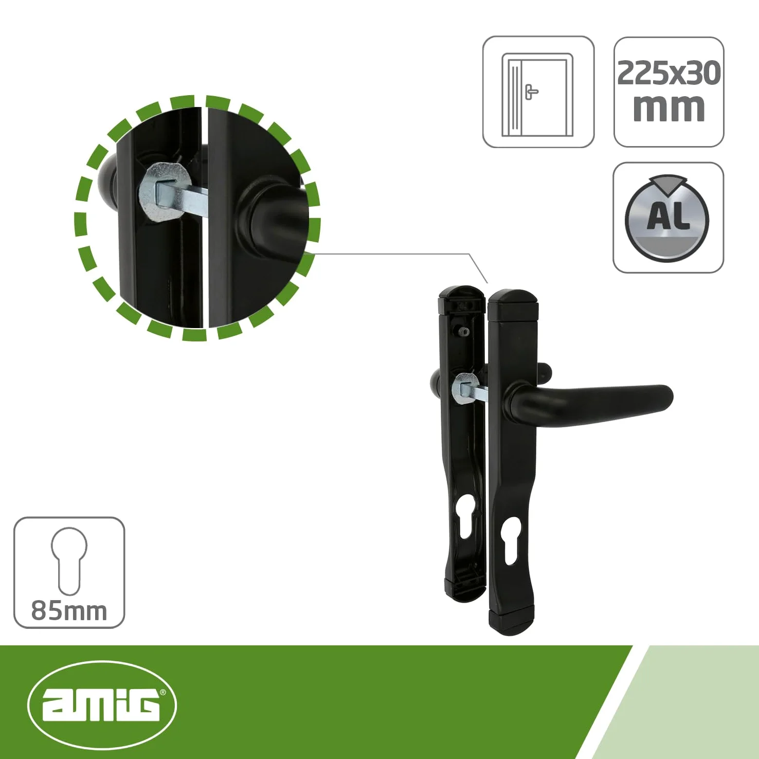Amig – Juego de manillas para puertas – Manilla con placa estrecha y bocallave para cerradura – diseño moderno y resistente con tornillería incluida – 225 x 30 mm, bocallave 85 mm – Aluminio – Negro
