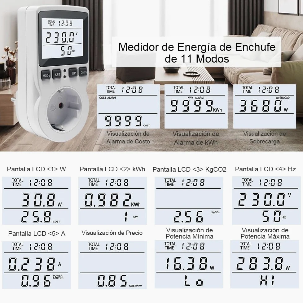 KETOTEK Medidor de Consumo Electrico, Monitor de Electricidad con Pantalla LCD Retroiluminada, Enchufe Medidor Consumo Energía 11 Modos, Protección contra Sobrecarga 3680W