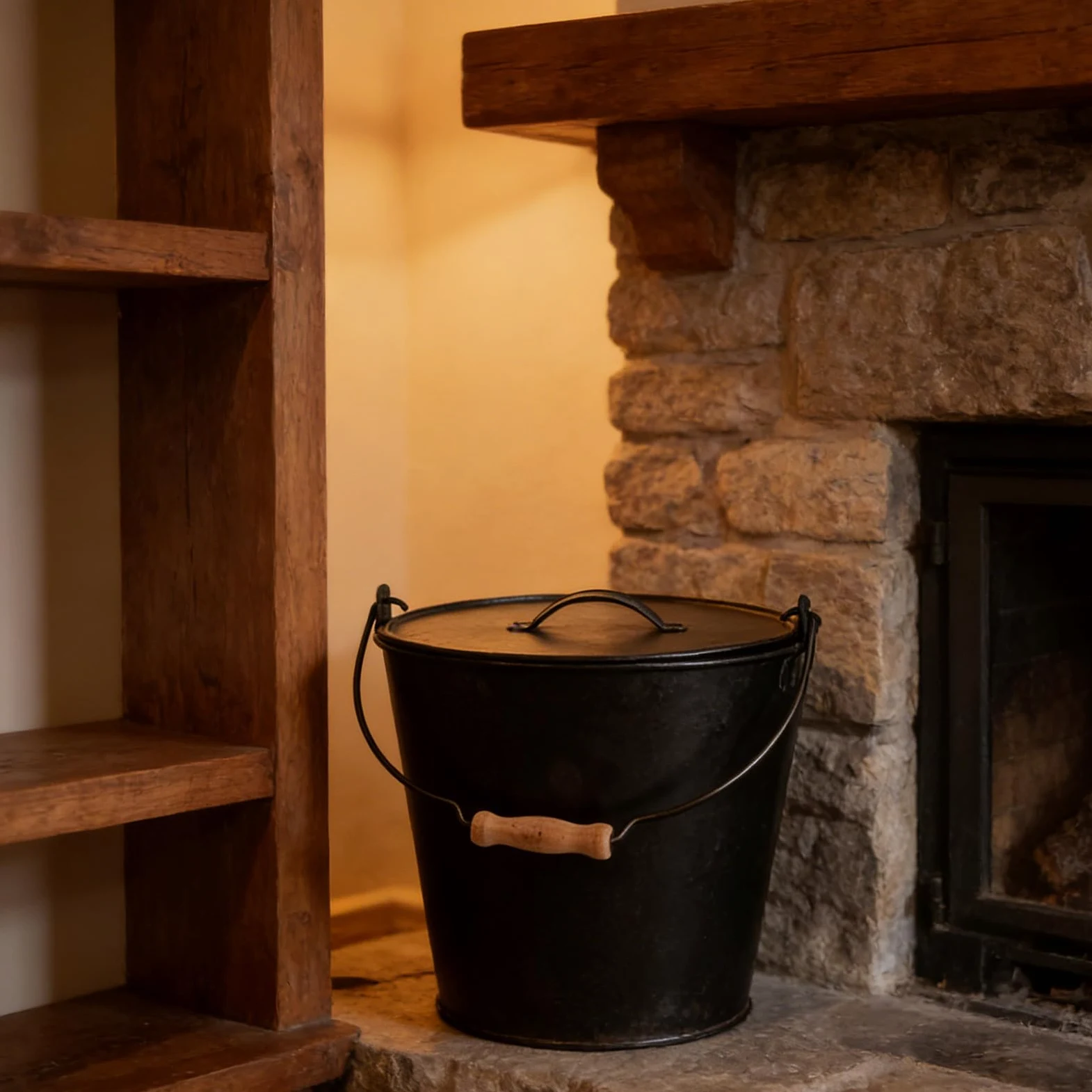Hemobllo Cubo de Metal Negro para Cenizas con Tapa Segura y Asa de Madera, Adecuado para Estufas de Leña y Quemadores de Interior, para Recolectar Cenizas